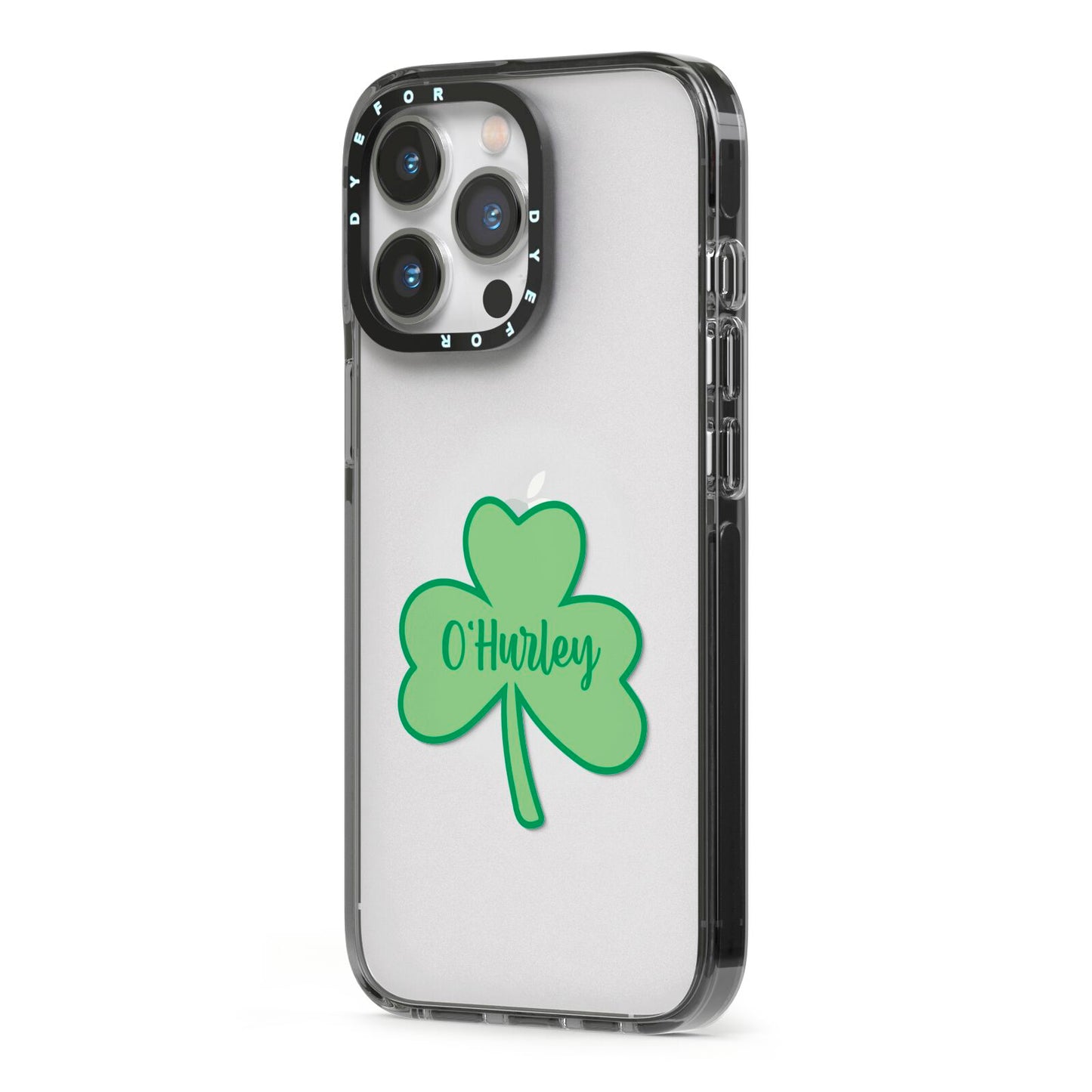 Shamrock with Name iPhone 13 Pro Black Impact Case Side Angle on Silver phone