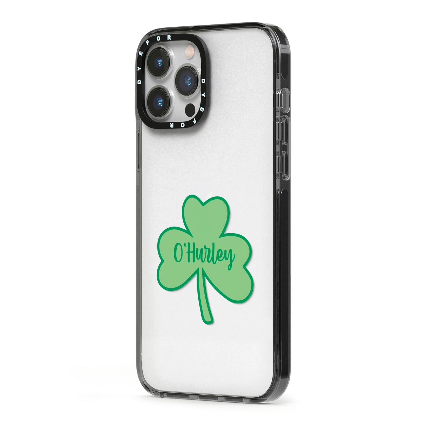 Shamrock with Name iPhone 13 Pro Max Black Impact Case Side Angle on Silver phone