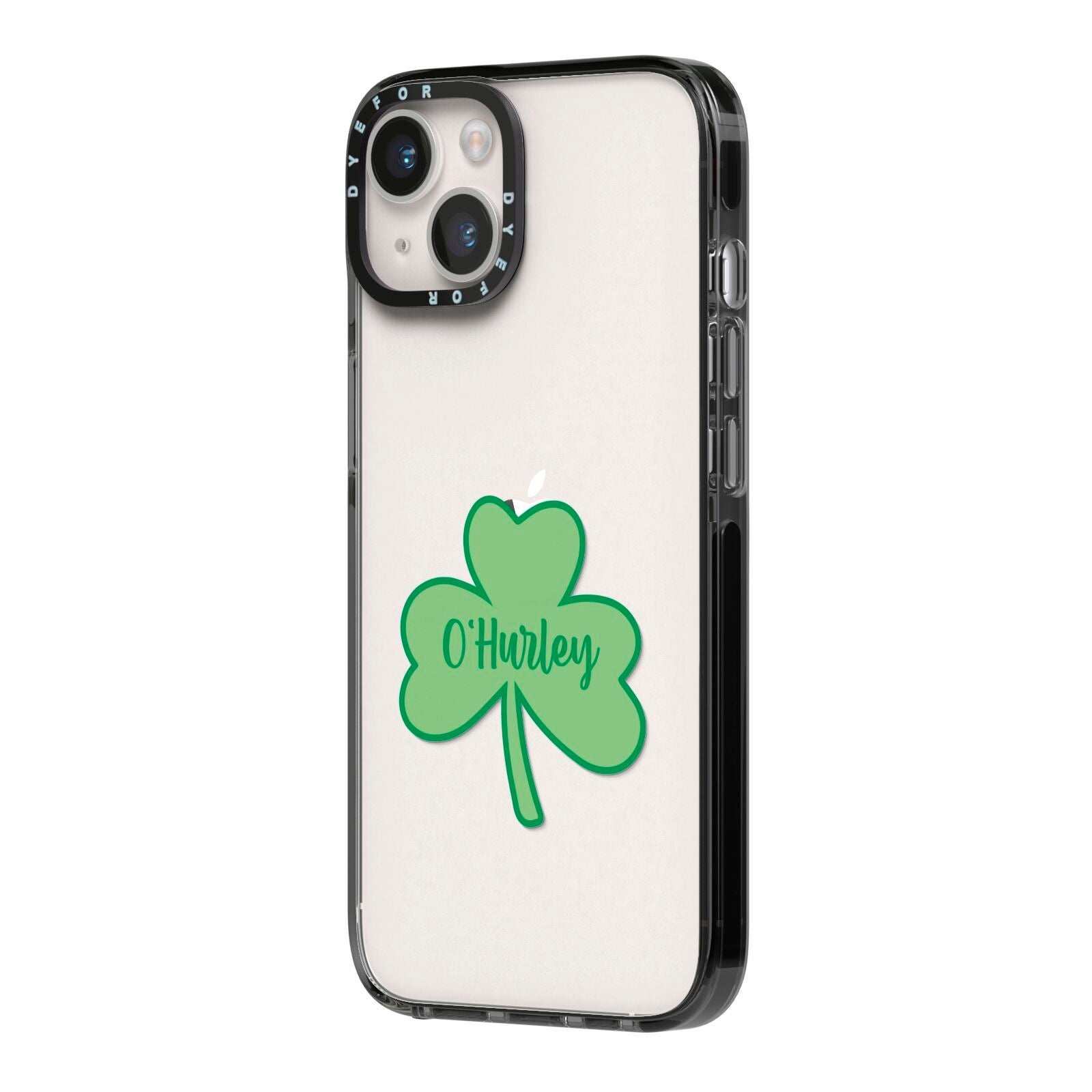 Shamrock with Name iPhone 14 Black Impact Case Side Angle on Silver phone