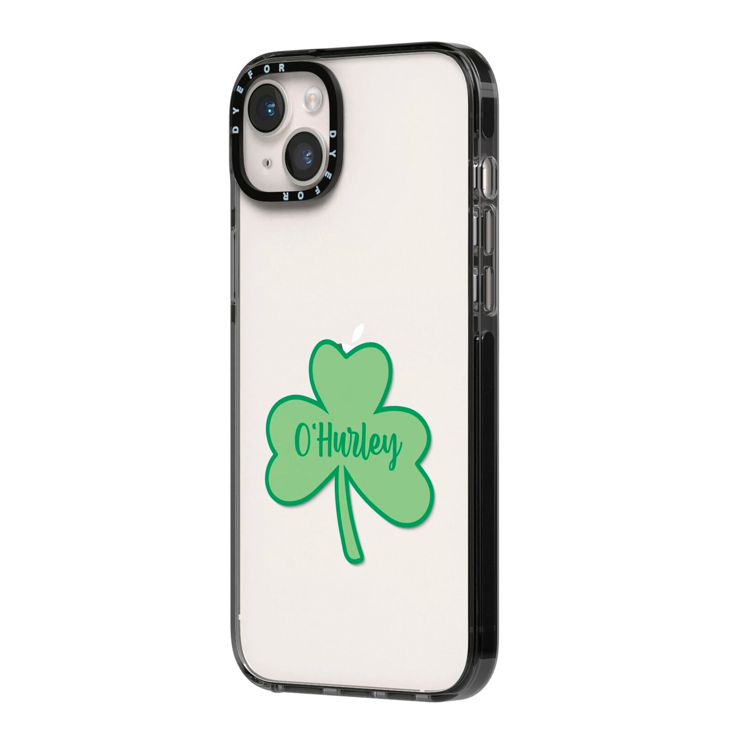 Shamrock with Name iPhone 14 Plus Black Impact Case Side Angle on Silver phone