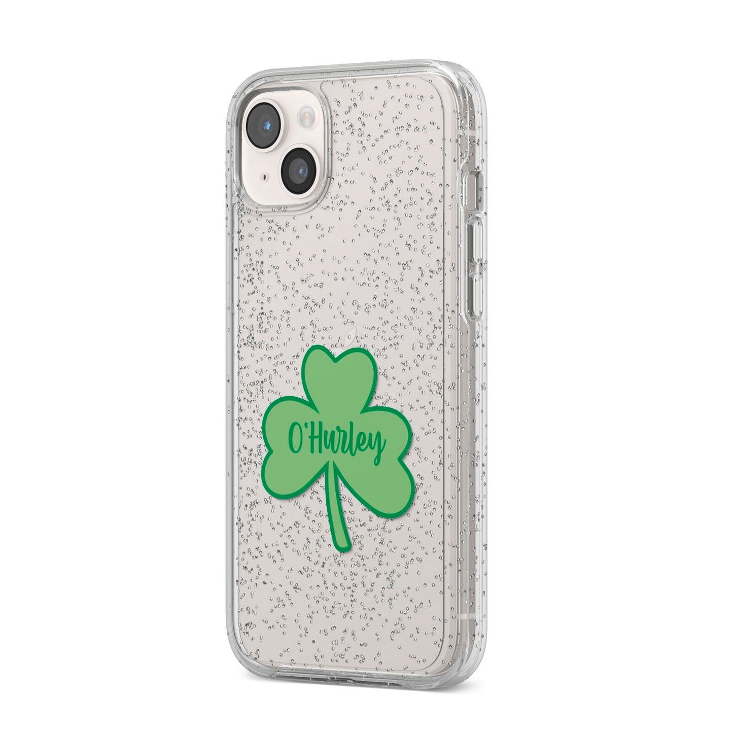 Shamrock with Name iPhone 14 Plus Glitter Tough Case Starlight Angled Image