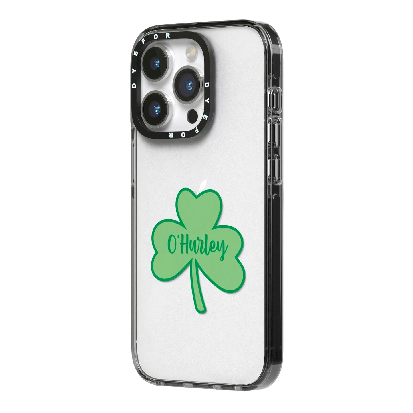 Shamrock with Name iPhone 14 Pro Black Impact Case Side Angle on Silver phone