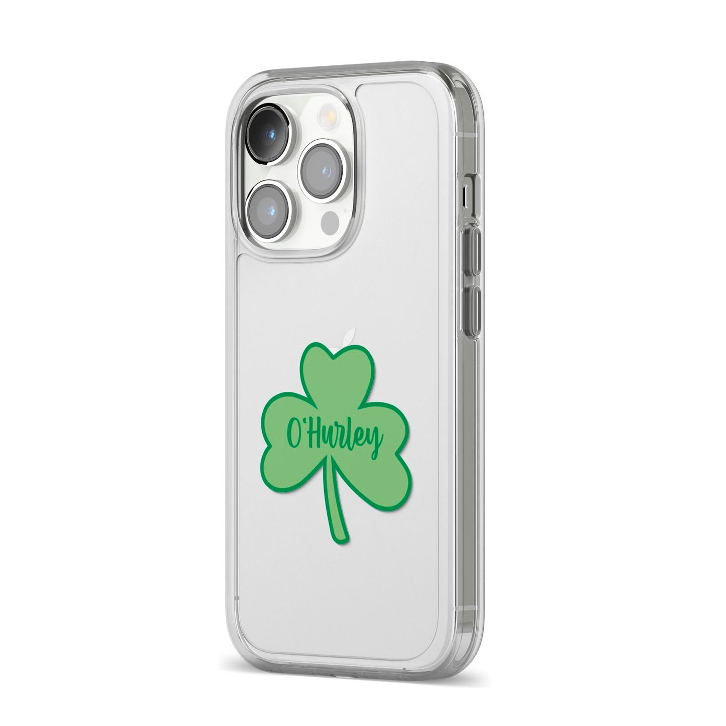 Shamrock with Name iPhone 14 Pro Clear Tough Case Silver Angled Image