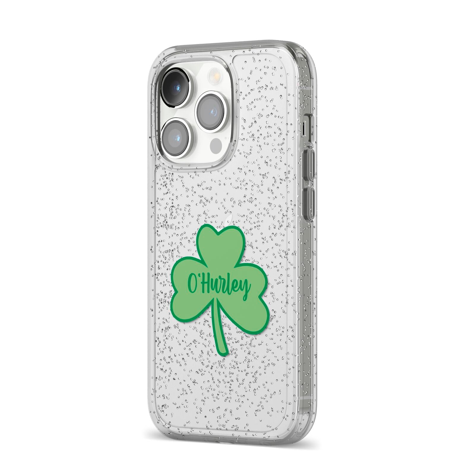 Shamrock with Name iPhone 14 Pro Glitter Tough Case Silver Angled Image