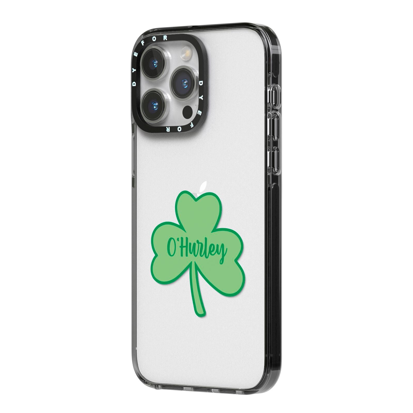 Shamrock with Name iPhone 14 Pro Max Black Impact Case Side Angle on Silver phone