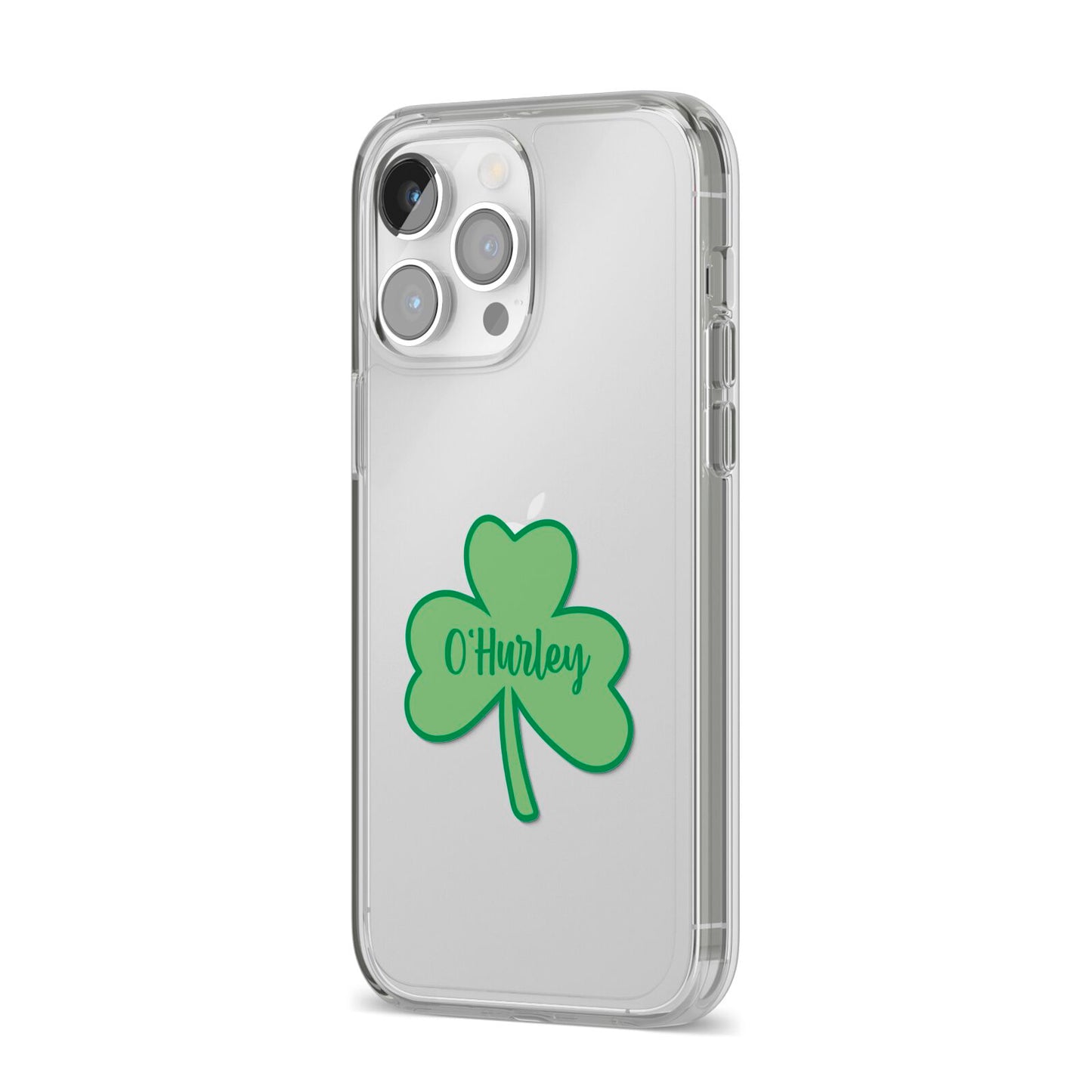 Shamrock with Name iPhone 14 Pro Max Clear Tough Case Silver Angled Image