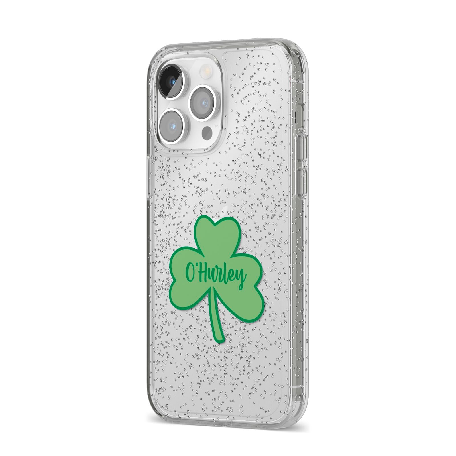 Shamrock with Name iPhone 14 Pro Max Glitter Tough Case Silver Angled Image