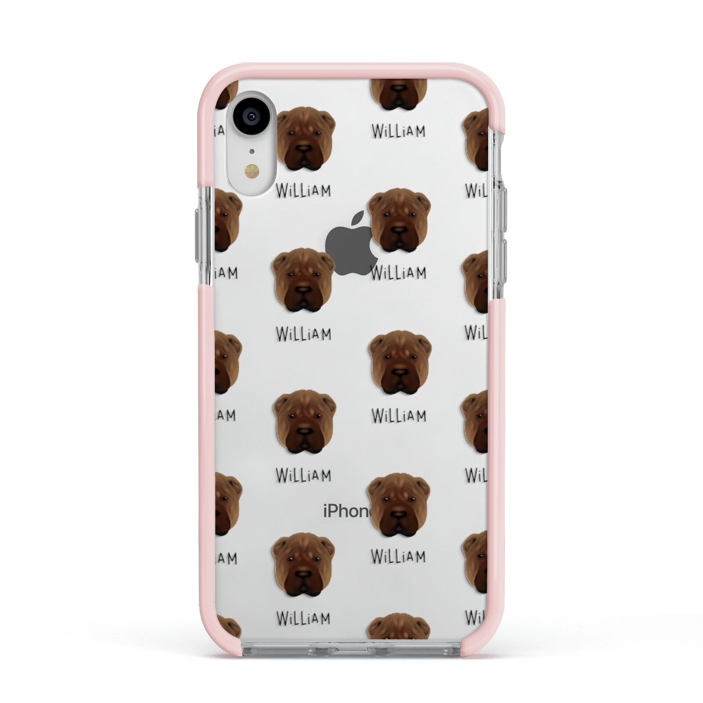 Shar Pei Icon with Name Apple iPhone XR Impact Case Pink Edge on Silver Phone