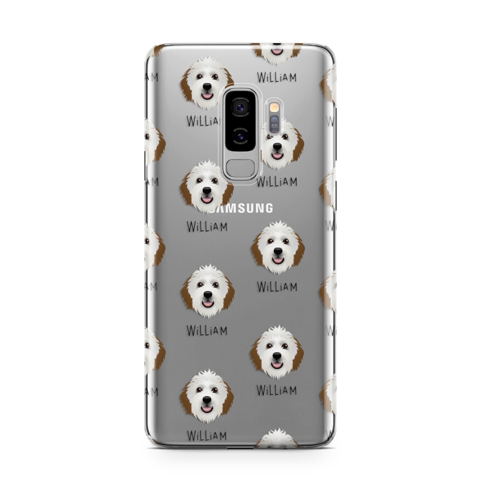 Sheepadoodle Icon with Name Samsung Galaxy S9 Plus Case on Silver phone