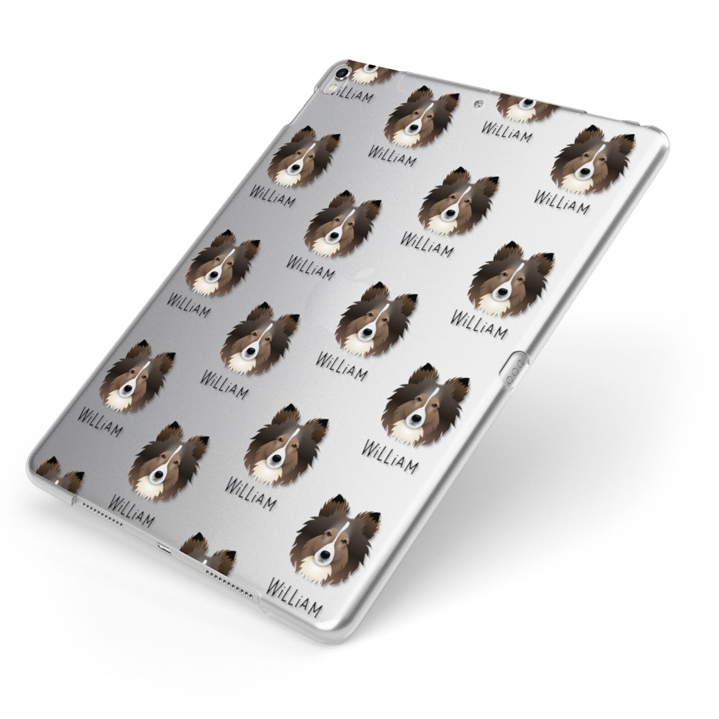 Shetland Sheepdog Icon with Name Apple iPad Case on Silver iPad Side View