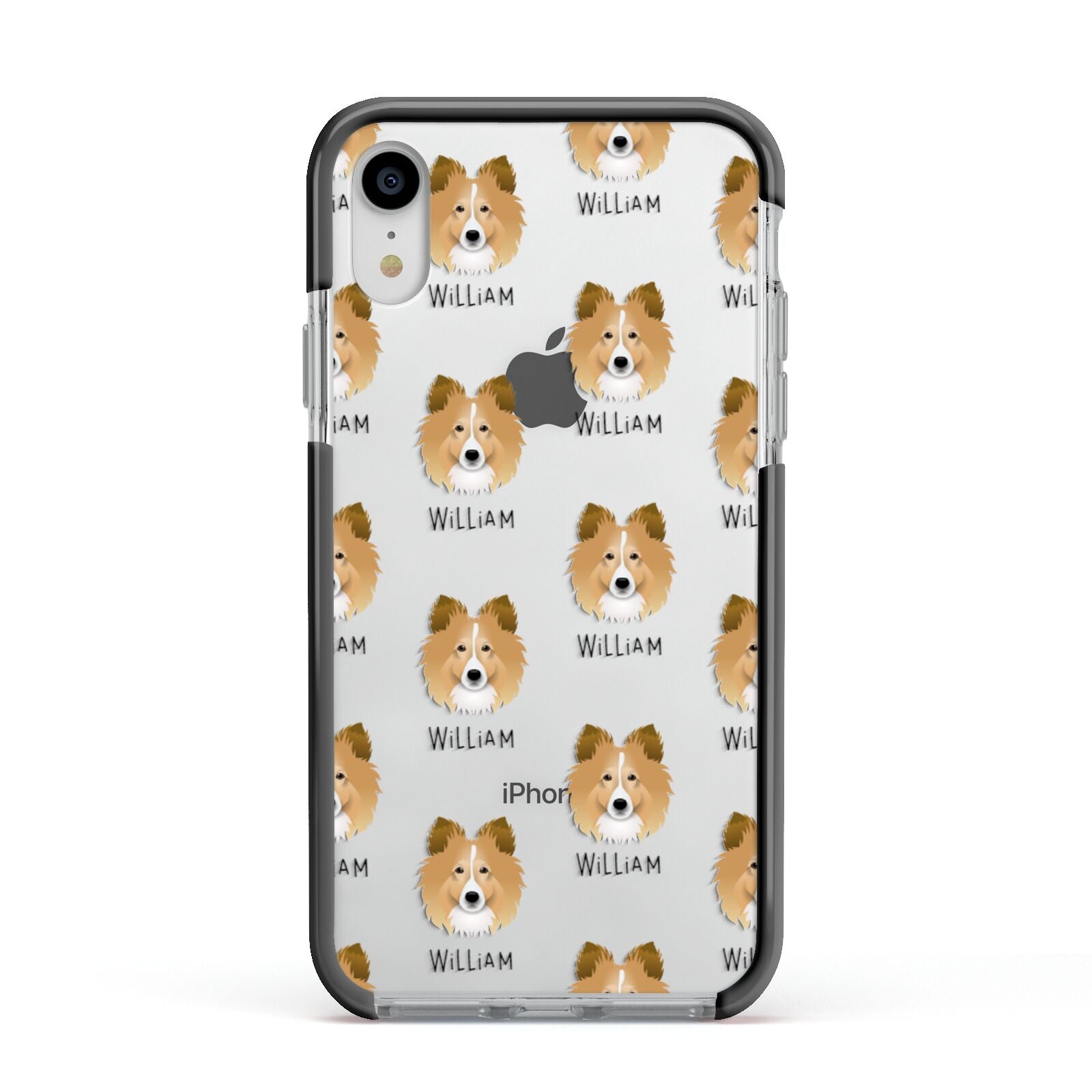 Shetland Sheepdog Icon with Name Apple iPhone XR Impact Case Black Edge on Silver Phone