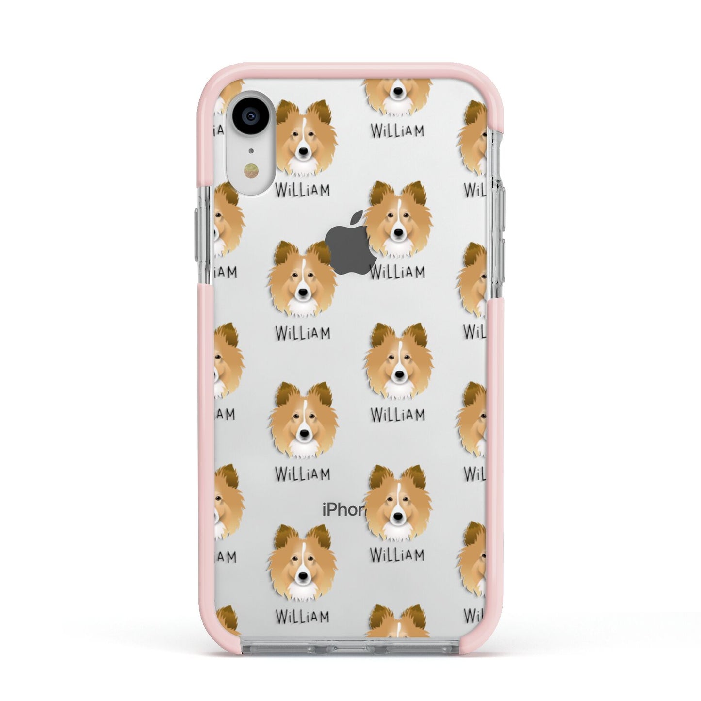 Shetland Sheepdog Icon with Name Apple iPhone XR Impact Case Pink Edge on Silver Phone