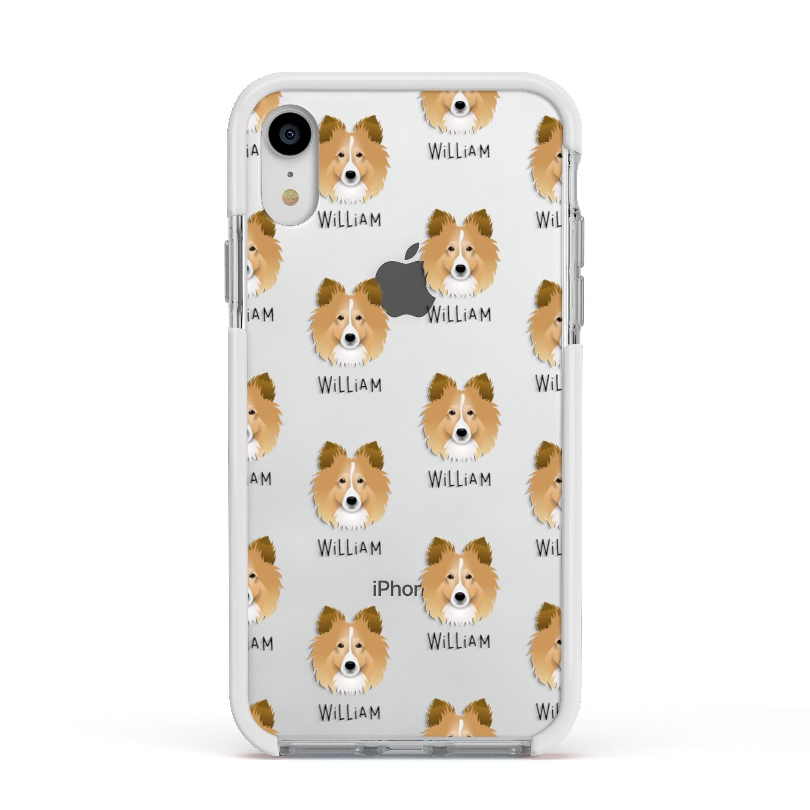 Shetland Sheepdog Icon with Name Apple iPhone XR Impact Case White Edge on Silver Phone