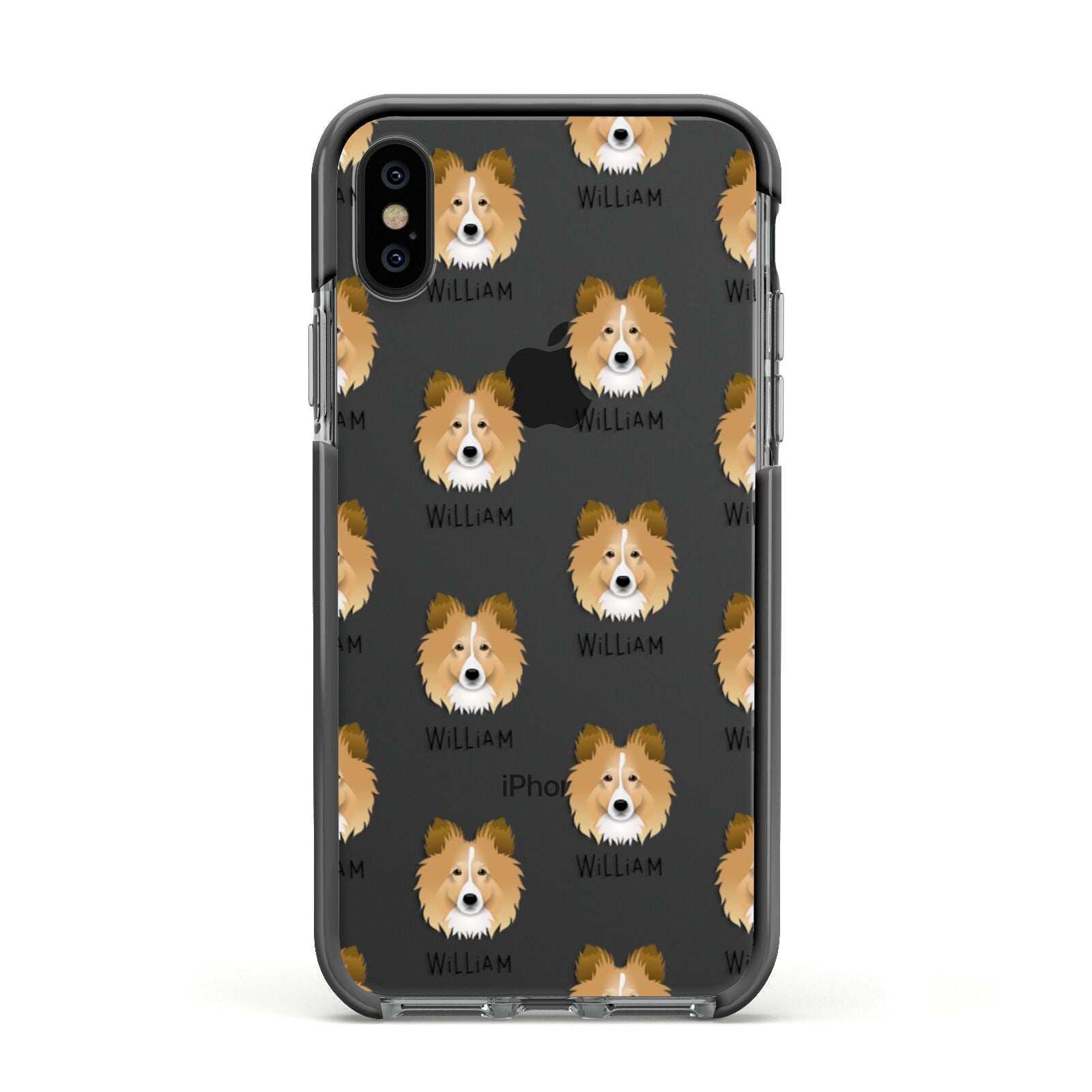 Shetland Sheepdog Icon with Name Apple iPhone Xs Impact Case Black Edge on Black Phone