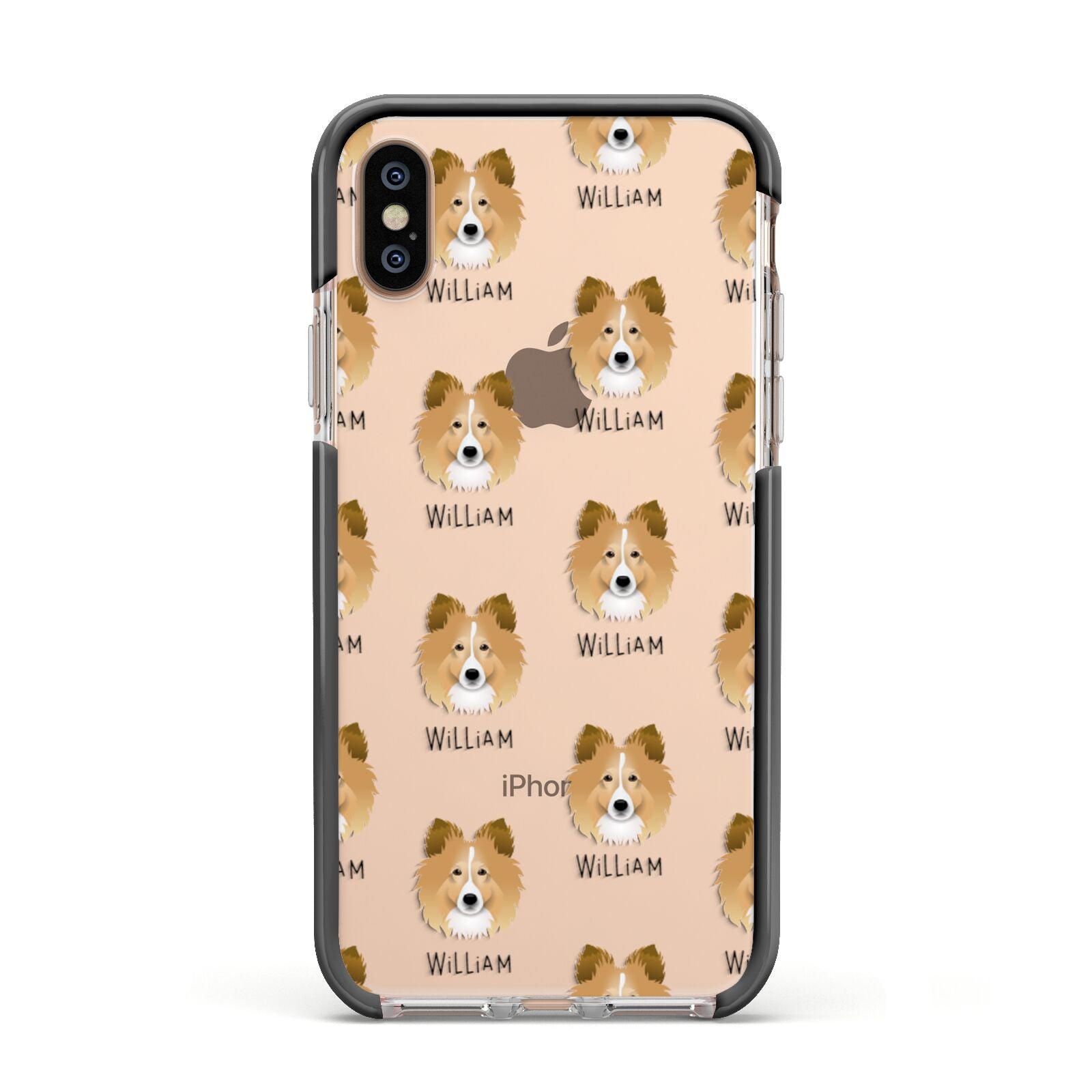 Shetland Sheepdog Icon with Name Apple iPhone Xs Impact Case Black Edge on Gold Phone