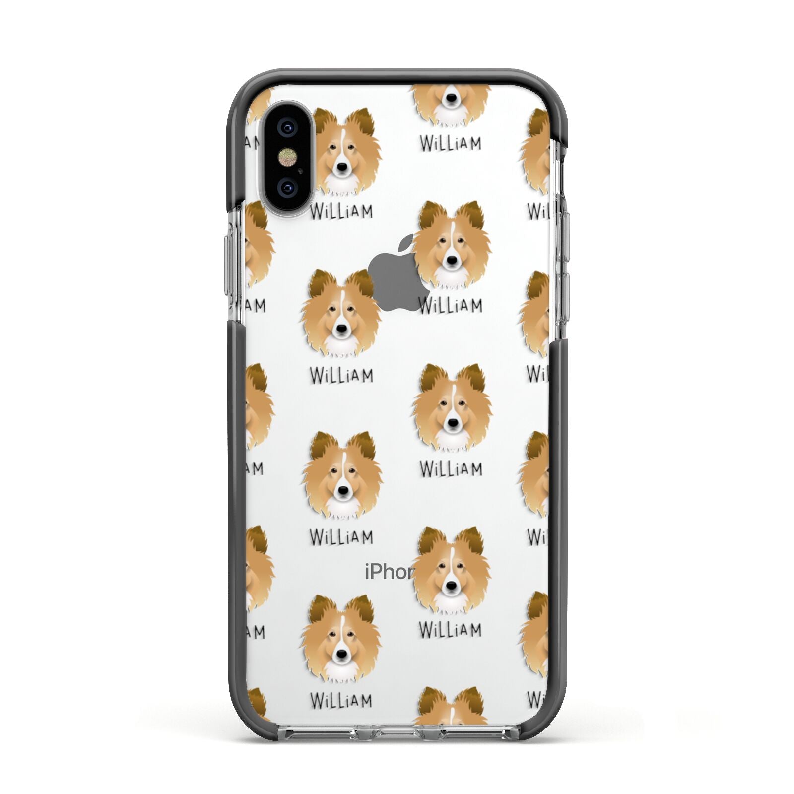 Shetland Sheepdog Icon with Name Apple iPhone Xs Impact Case Black Edge on Silver Phone