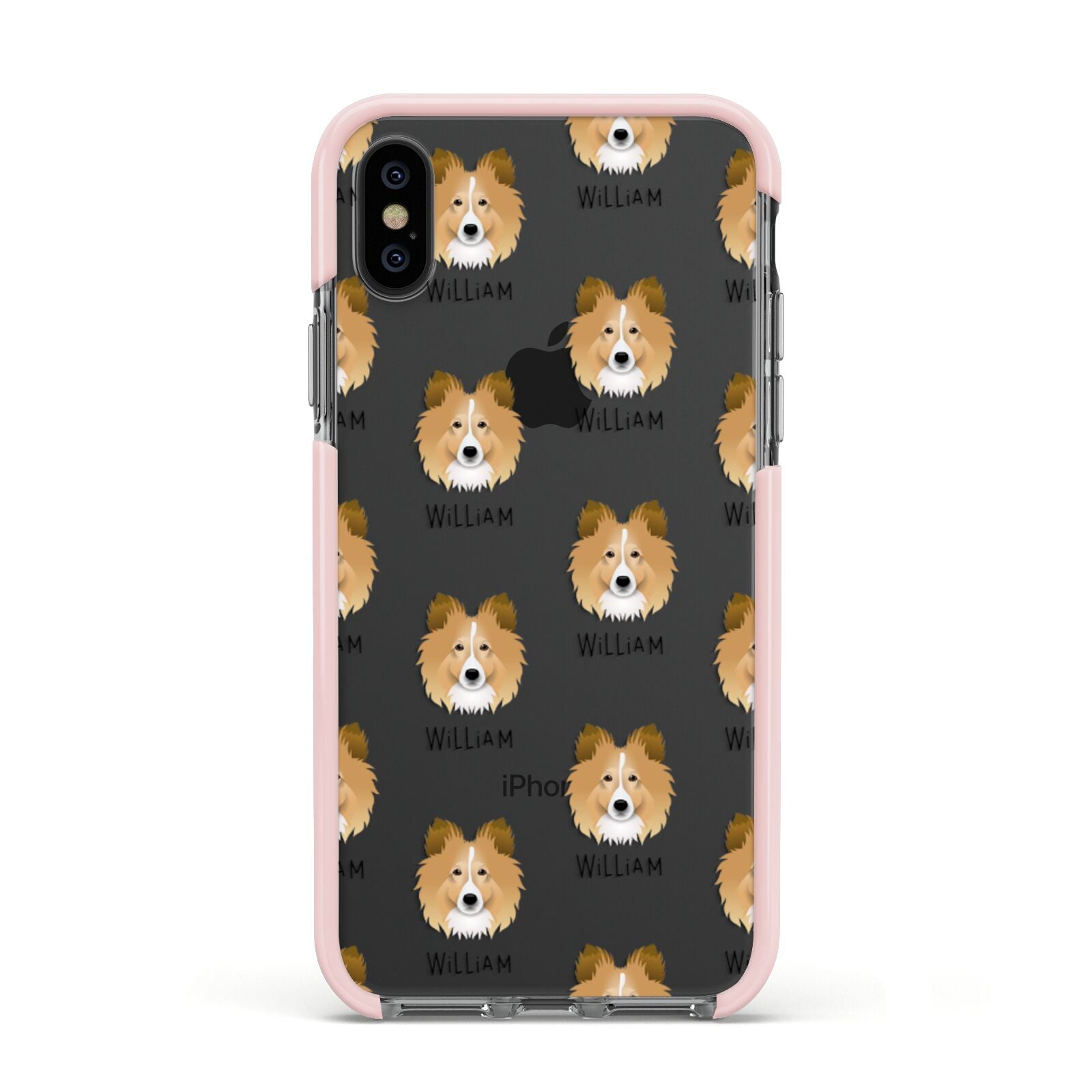 Shetland Sheepdog Icon with Name Apple iPhone Xs Impact Case Pink Edge on Black Phone