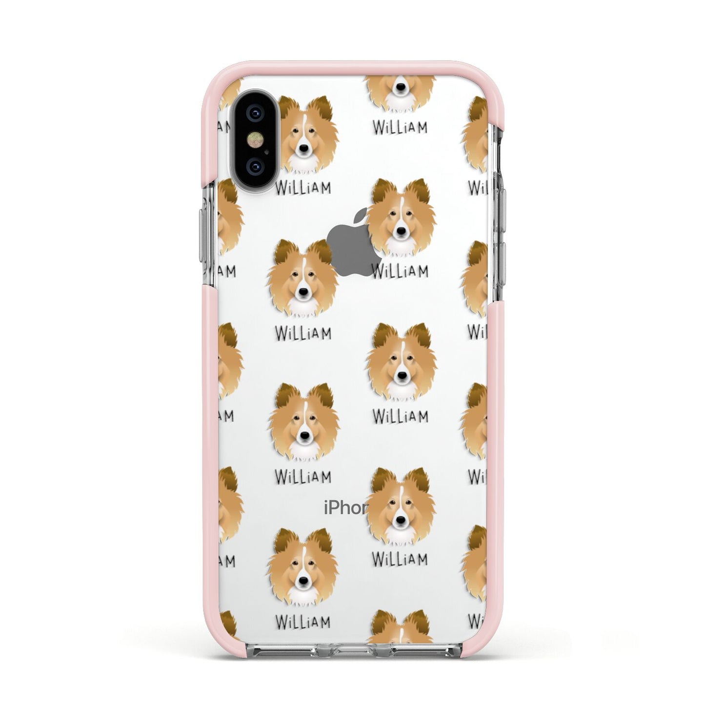 Shetland Sheepdog Icon with Name Apple iPhone Xs Impact Case Pink Edge on Silver Phone