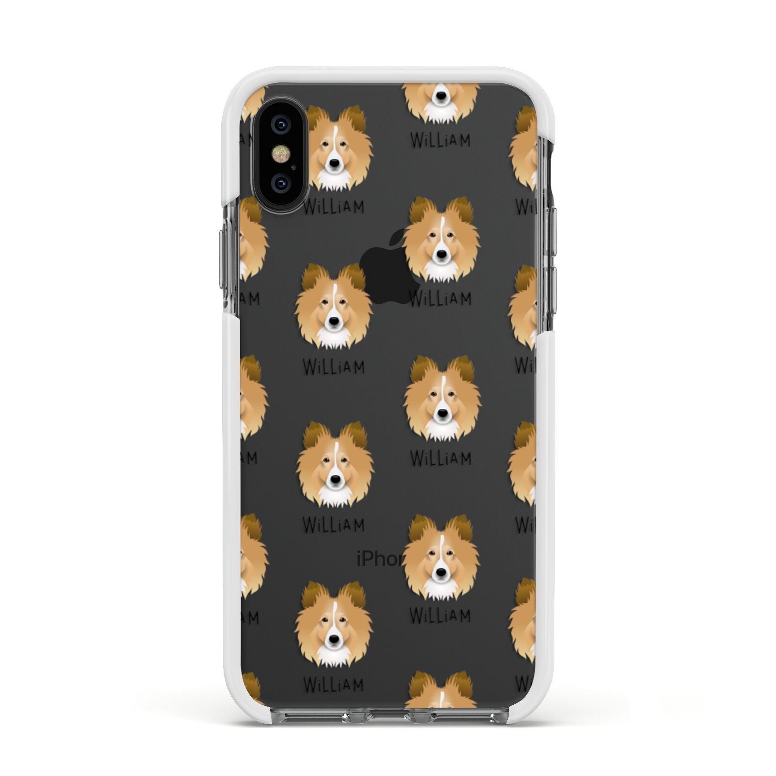 Shetland Sheepdog Icon with Name Apple iPhone Xs Impact Case White Edge on Black Phone