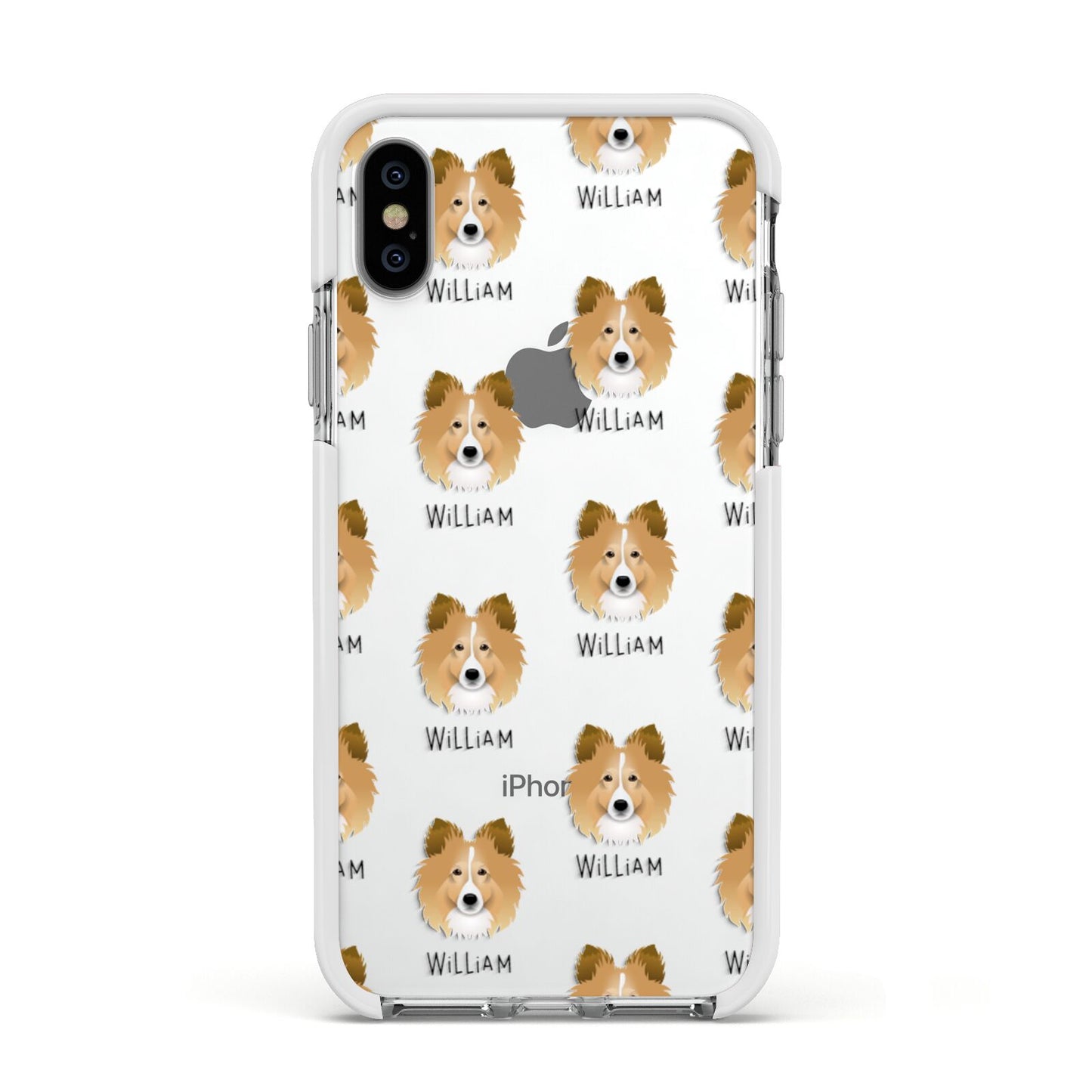 Shetland Sheepdog Icon with Name Apple iPhone Xs Impact Case White Edge on Silver Phone