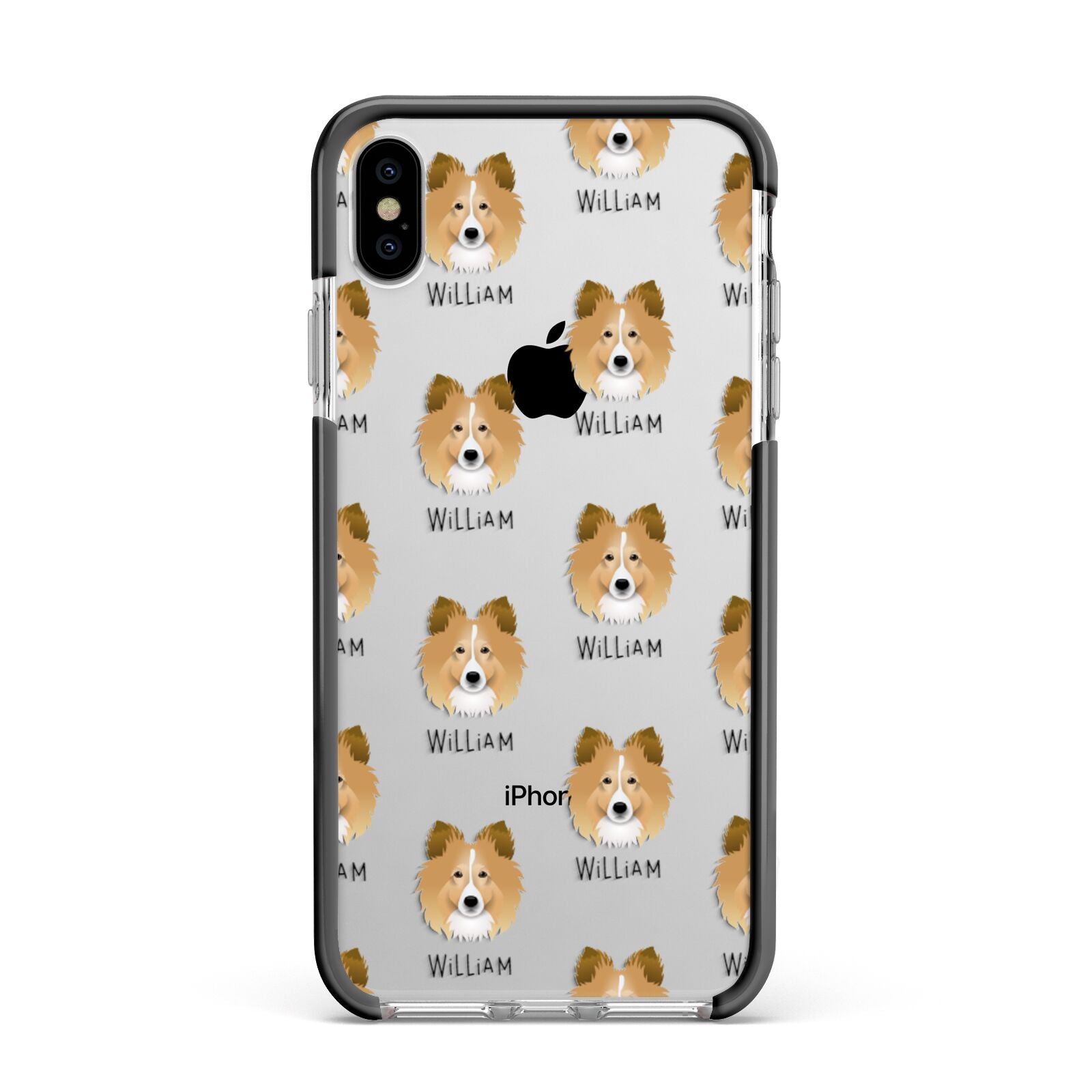 Shetland Sheepdog Icon with Name Apple iPhone Xs Max Impact Case Black Edge on Silver Phone