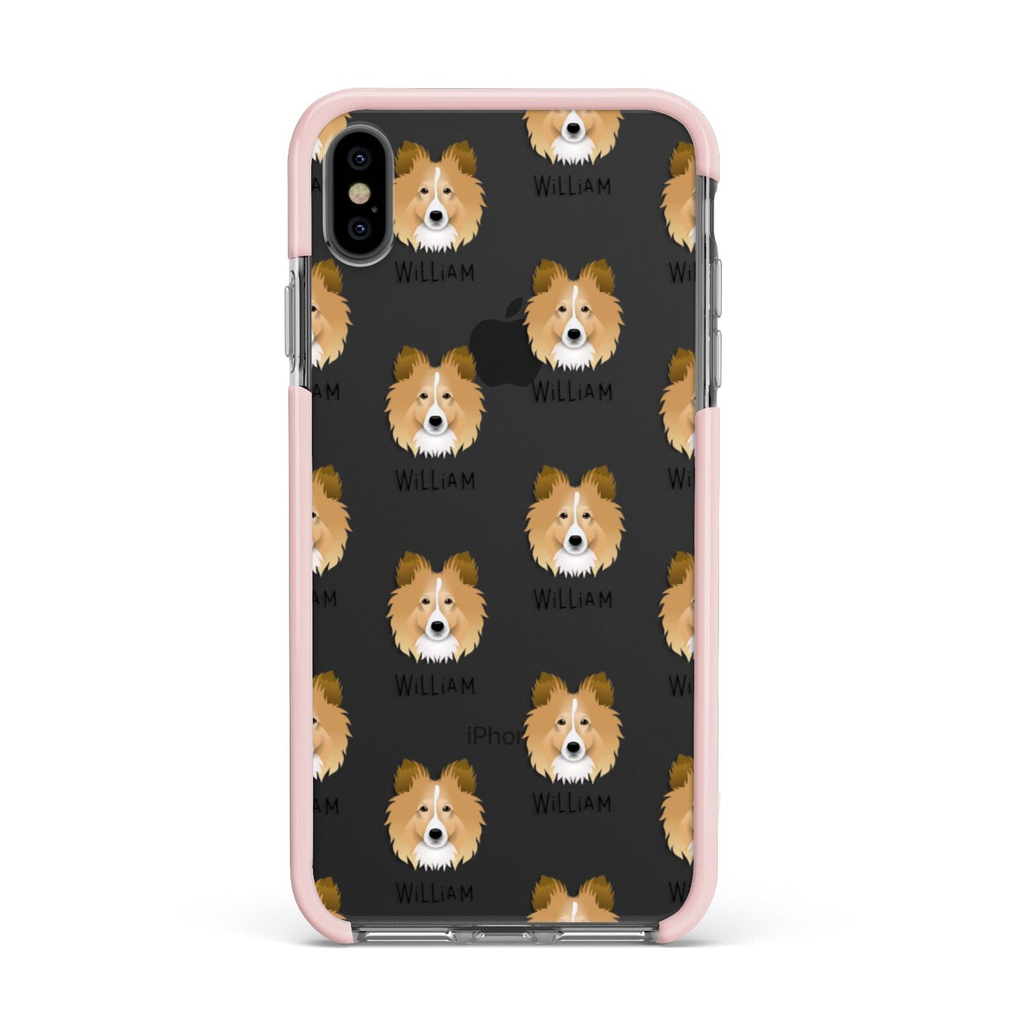 Shetland Sheepdog Icon with Name Apple iPhone Xs Max Impact Case Pink Edge on Black Phone