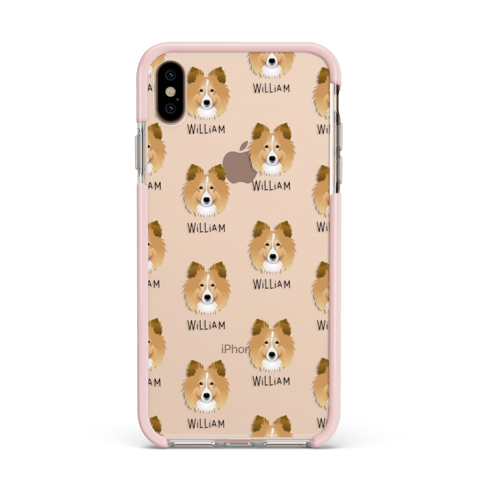 Shetland Sheepdog Icon with Name Apple iPhone Xs Max Impact Case Pink Edge on Gold Phone