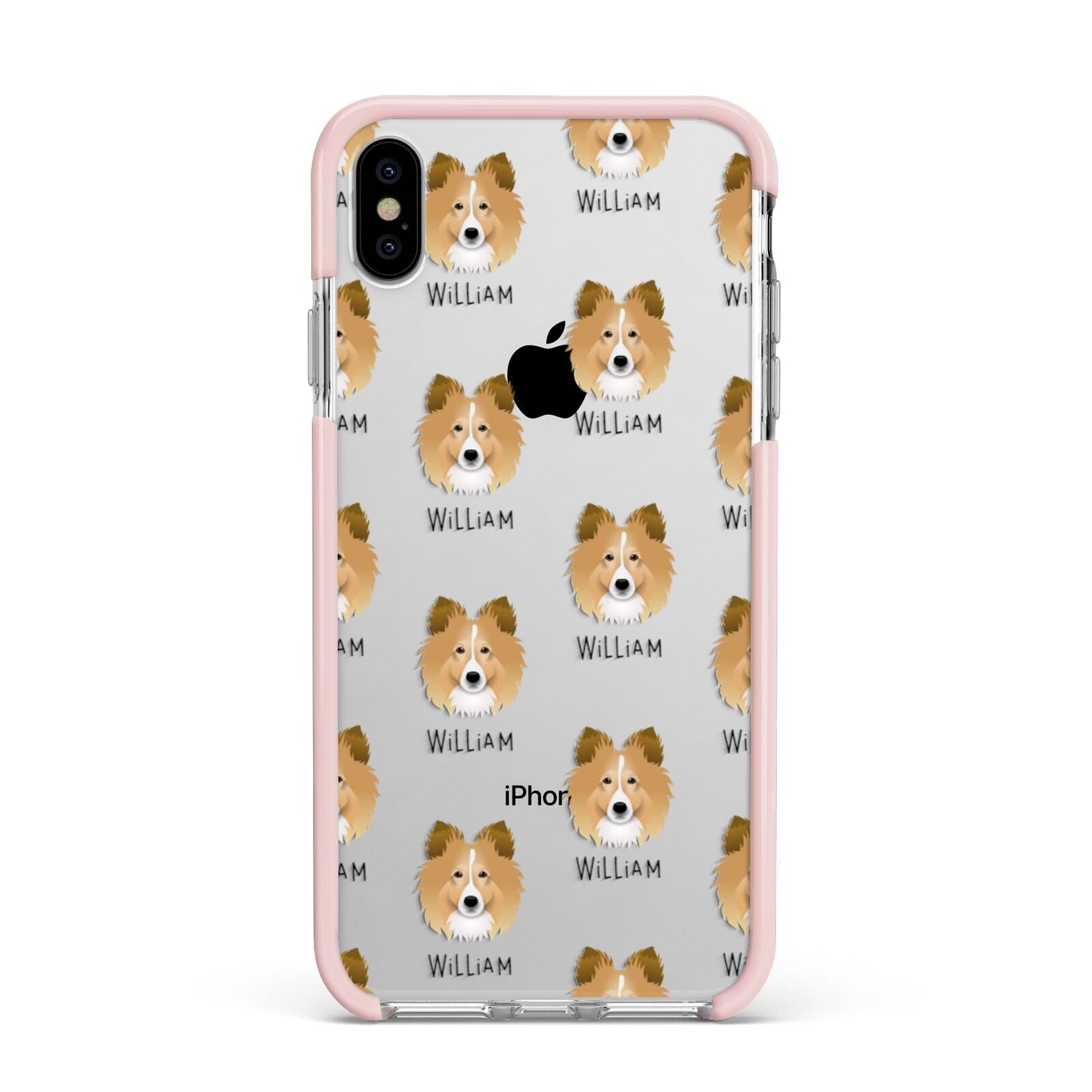 Shetland Sheepdog Icon with Name Apple iPhone Xs Max Impact Case Pink Edge on Silver Phone