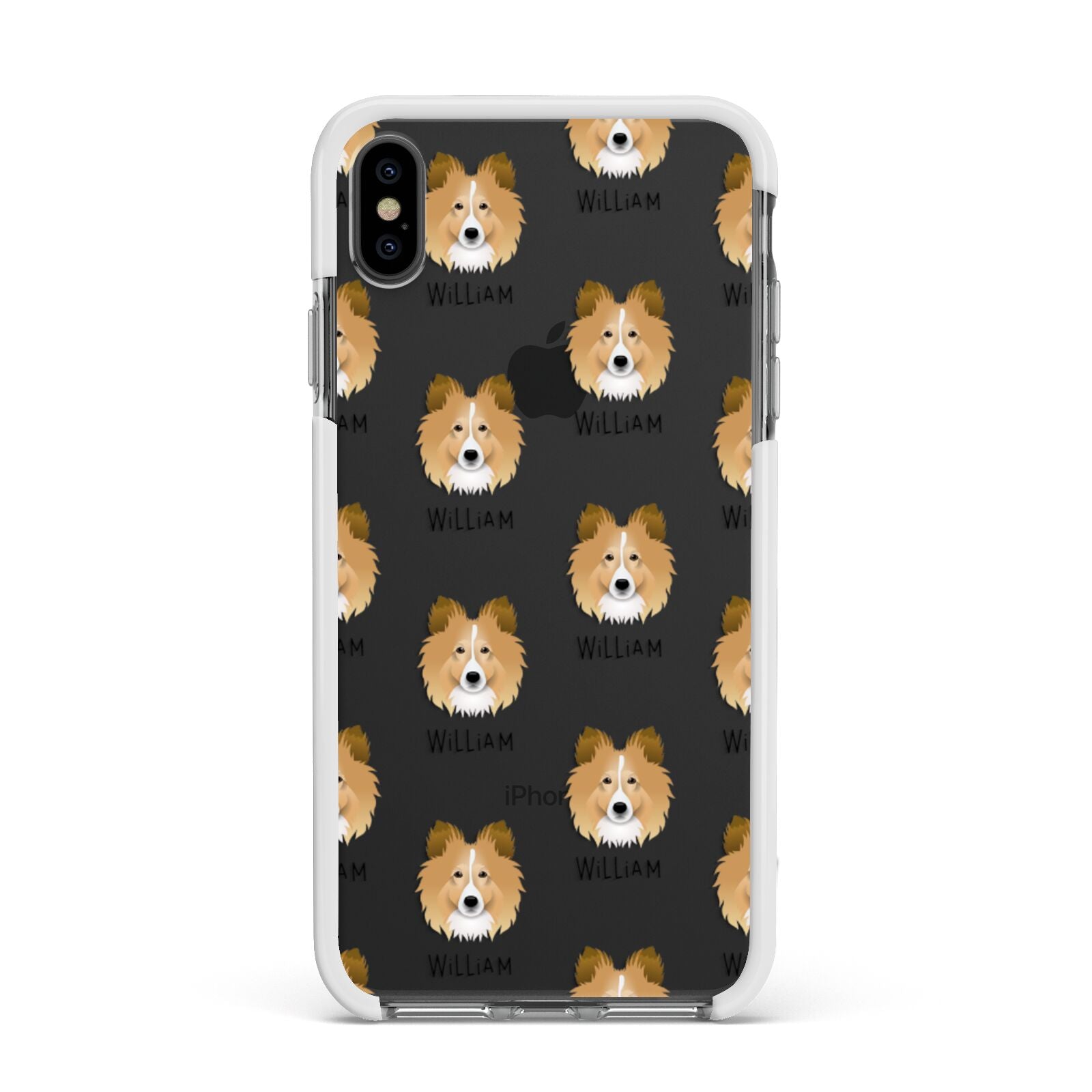 Shetland Sheepdog Icon with Name Apple iPhone Xs Max Impact Case White Edge on Black Phone