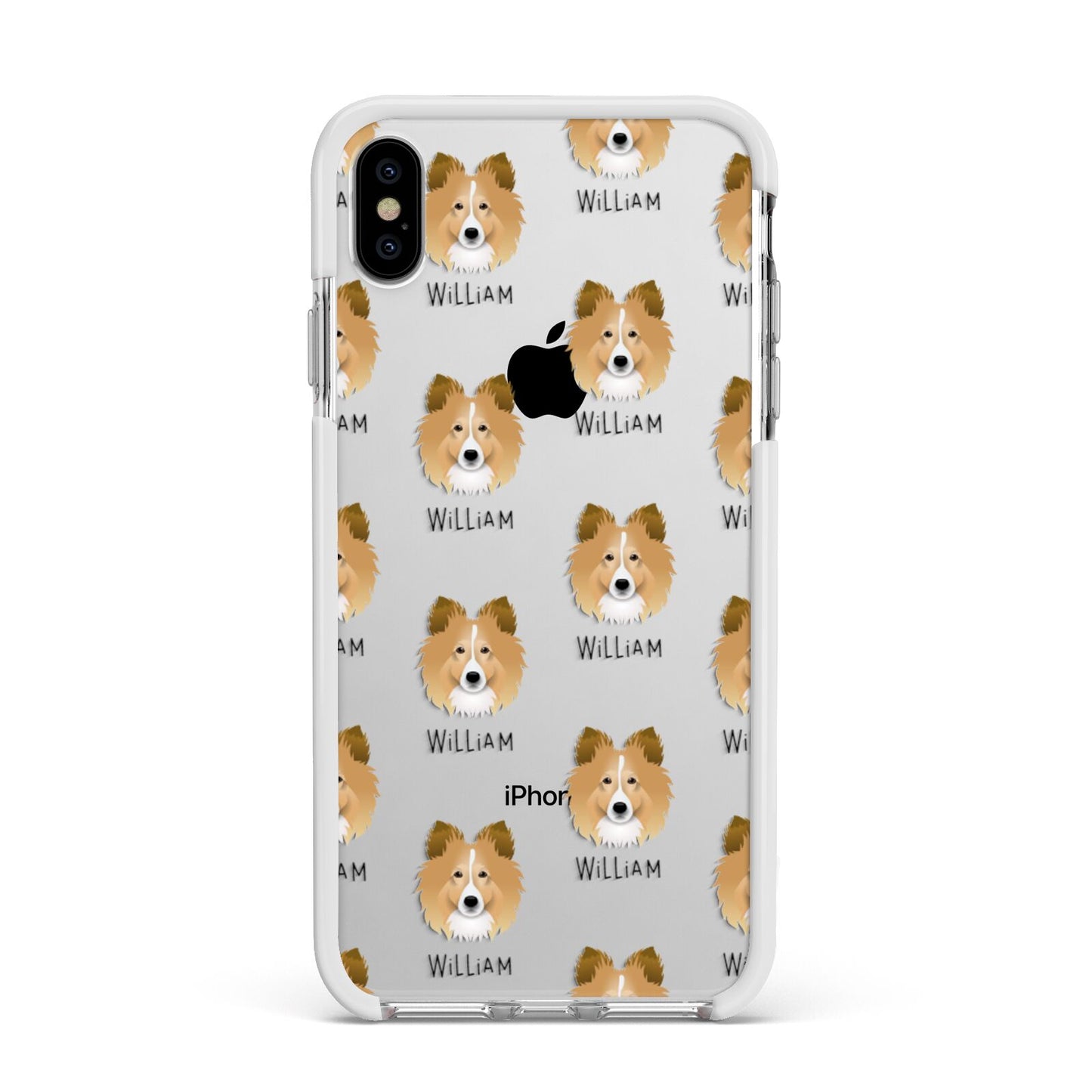 Shetland Sheepdog Icon with Name Apple iPhone Xs Max Impact Case White Edge on Silver Phone