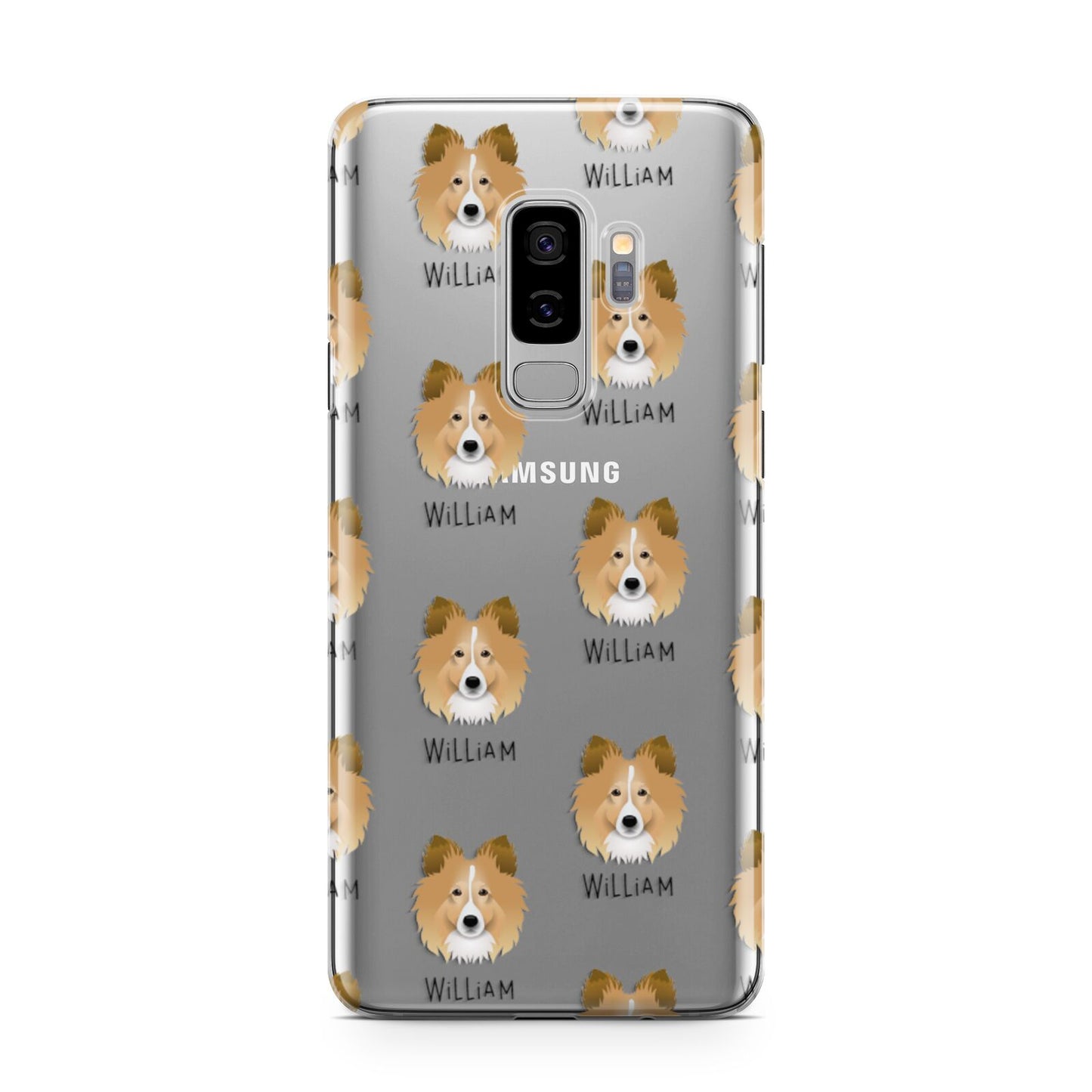 Shetland Sheepdog Icon with Name Samsung Galaxy S9 Plus Case on Silver phone