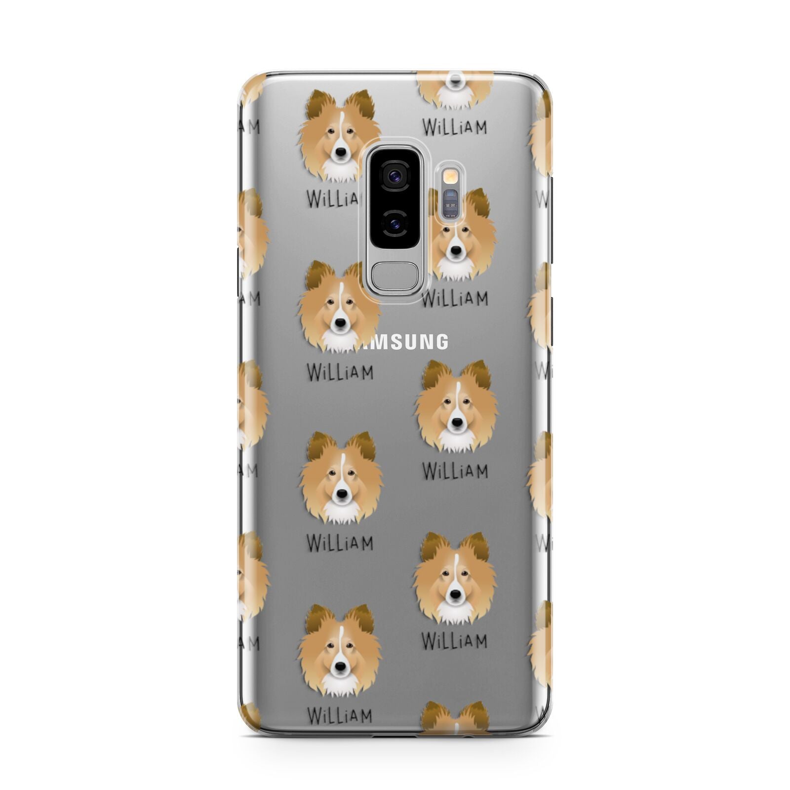 Shetland Sheepdog Icon with Name Samsung Galaxy S9 Plus Case on Silver phone