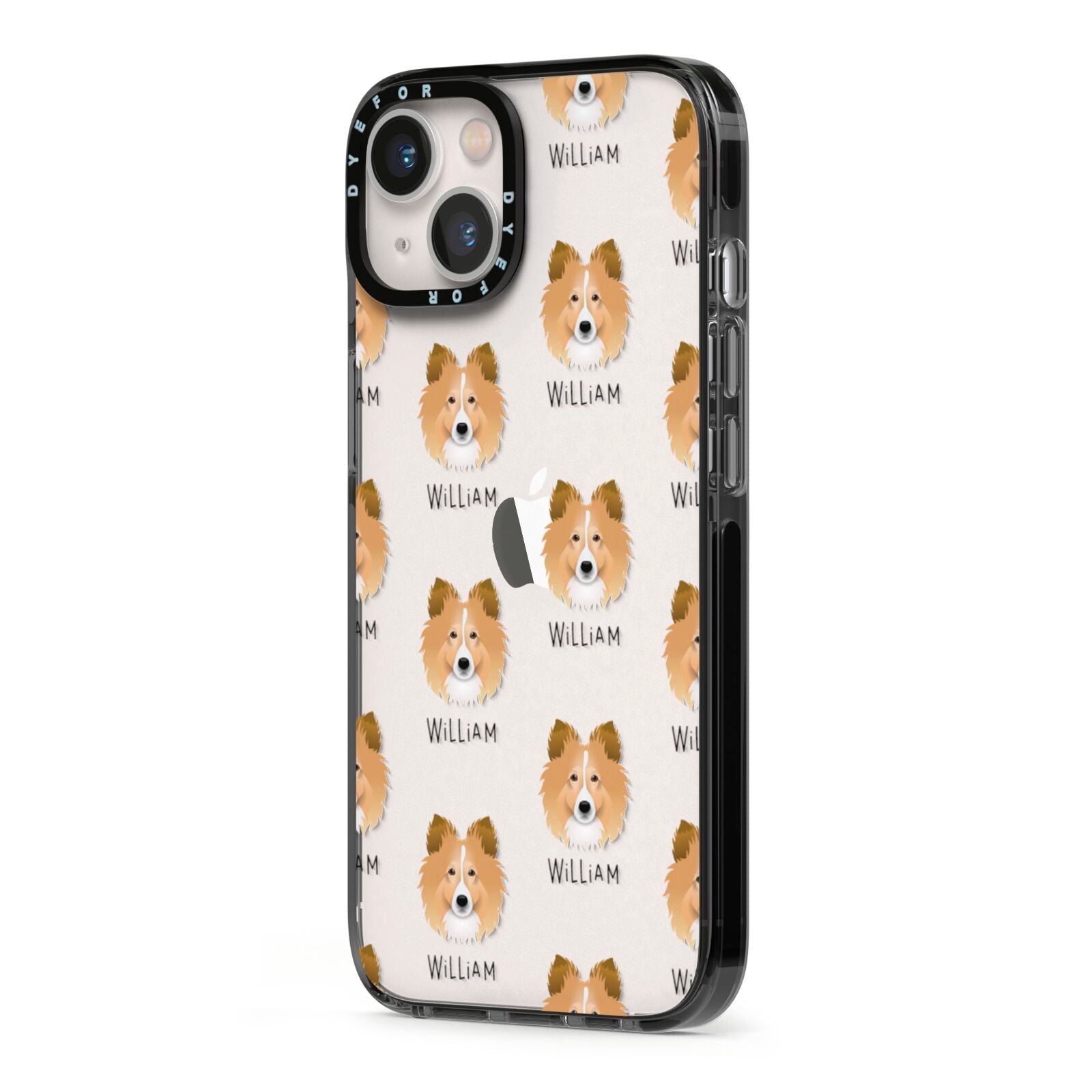 Shetland Sheepdog Icon with Name iPhone 13 Black Impact Case Side Angle on Silver phone