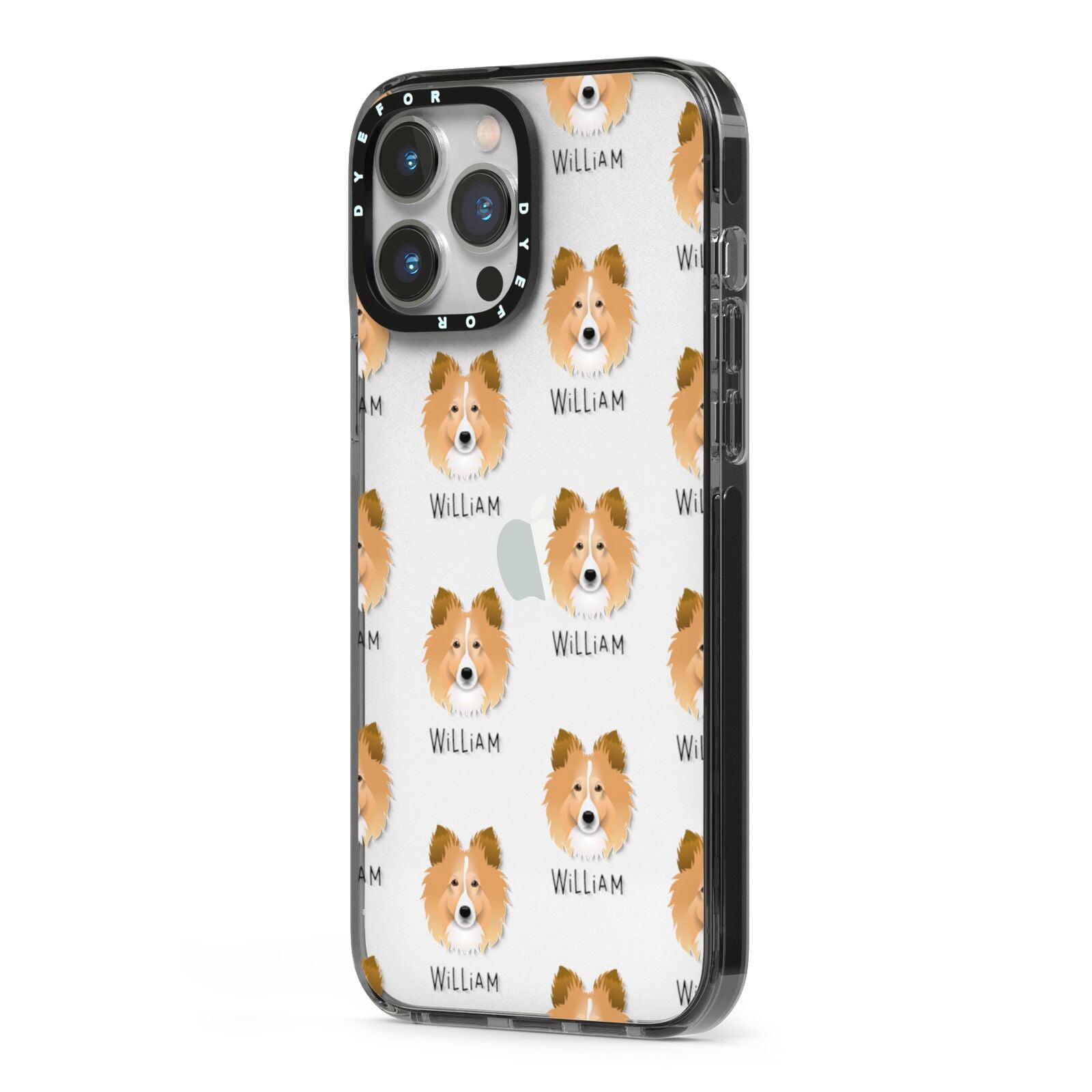 Shetland Sheepdog Icon with Name iPhone 13 Pro Max Black Impact Case Side Angle on Silver phone