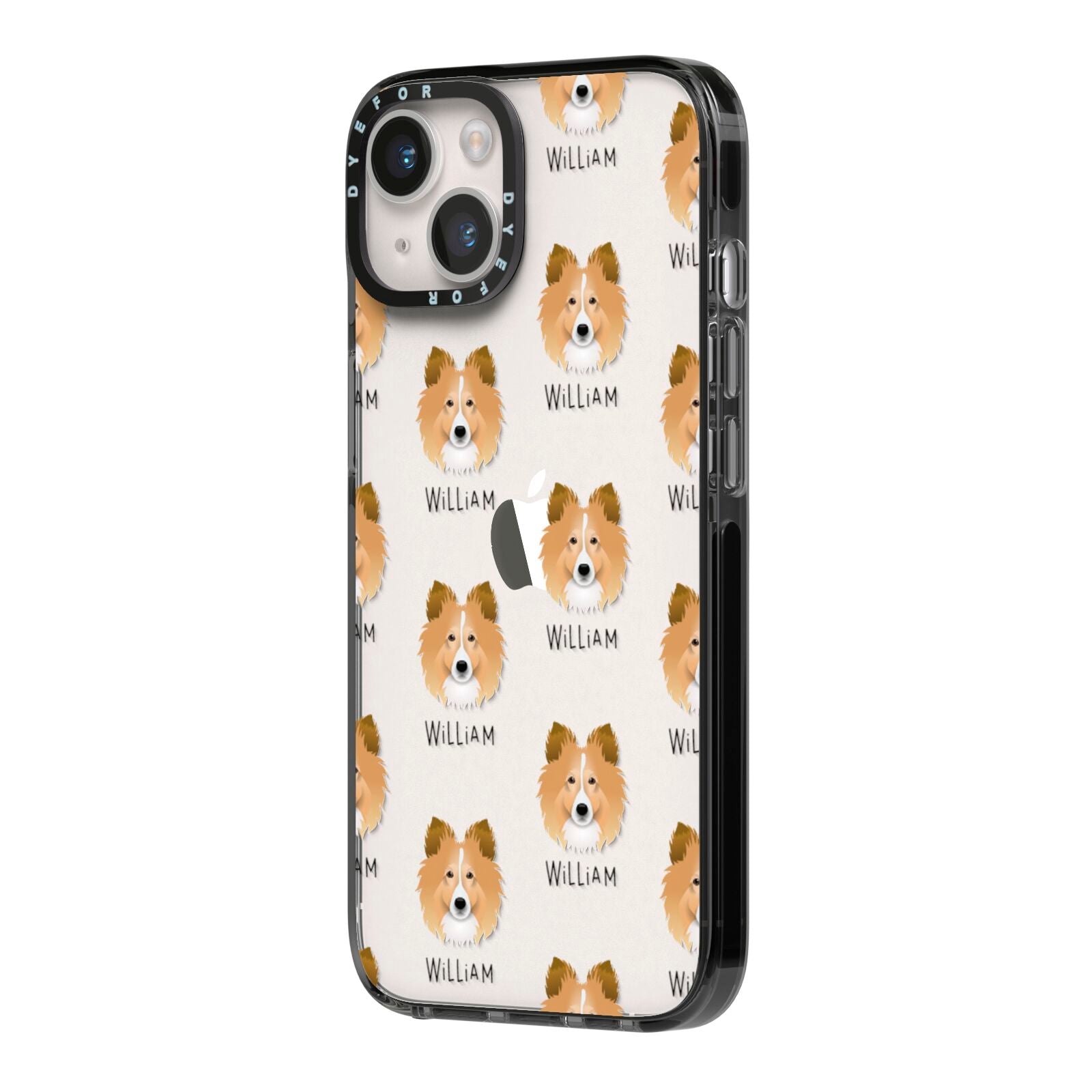 Shetland Sheepdog Icon with Name iPhone 14 Black Impact Case Side Angle on Silver phone