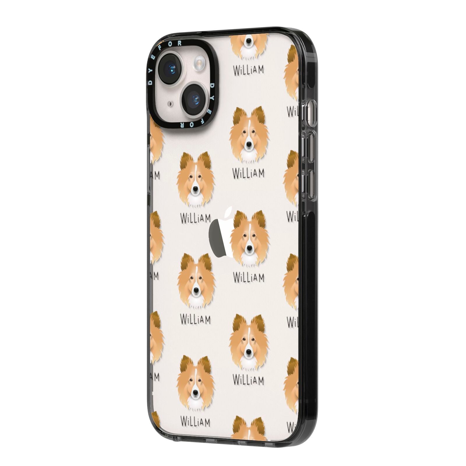 Shetland Sheepdog Icon with Name iPhone 14 Plus Black Impact Case Side Angle on Silver phone