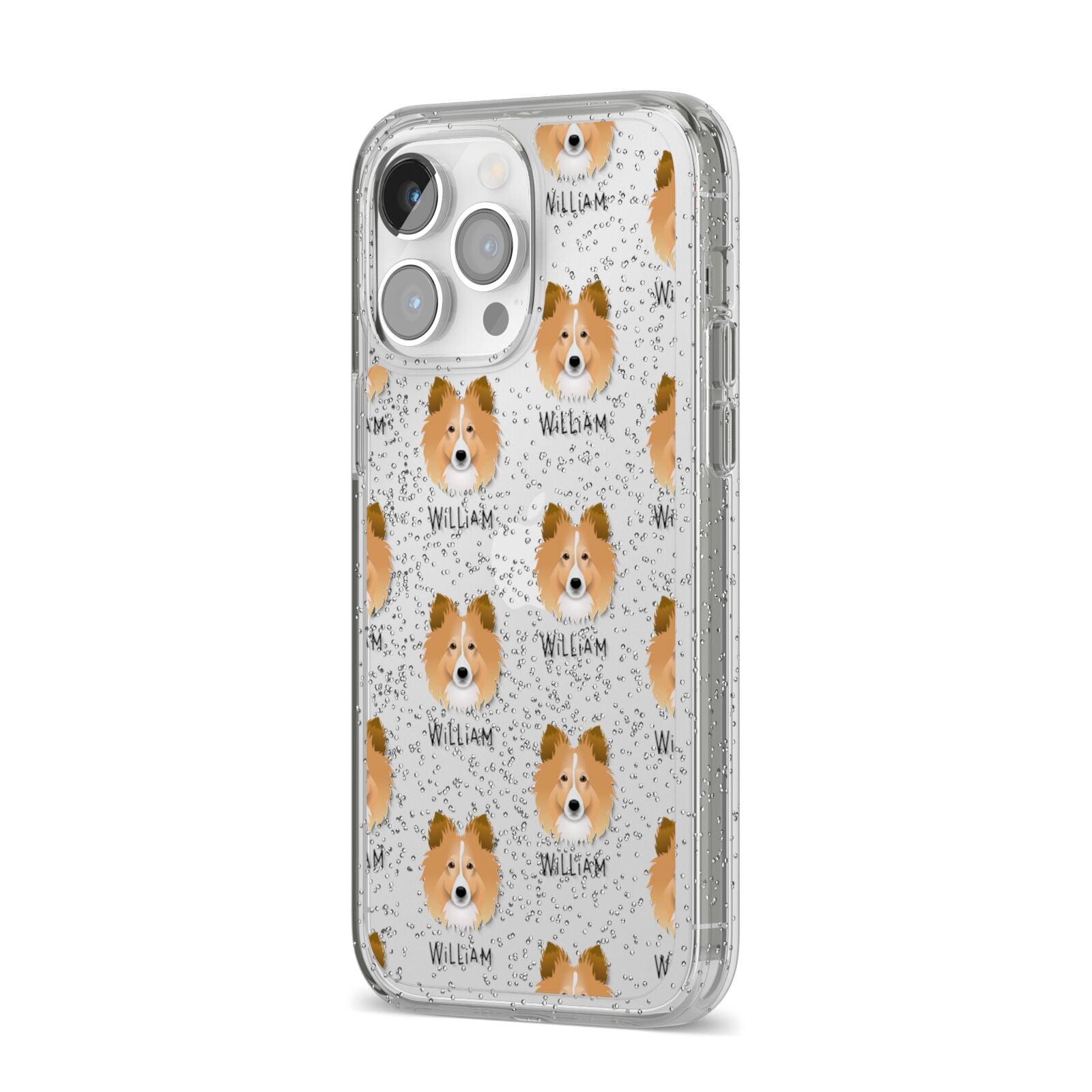 Shetland Sheepdog Icon with Name iPhone 14 Pro Max Glitter Tough Case Silver Angled Image