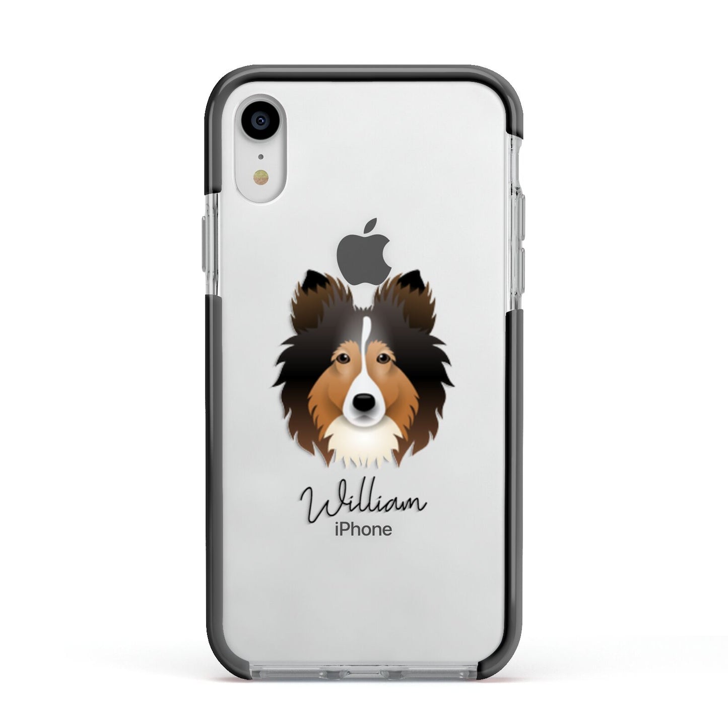 Shetland Sheepdog Personalised Apple iPhone XR Impact Case Black Edge on Silver Phone