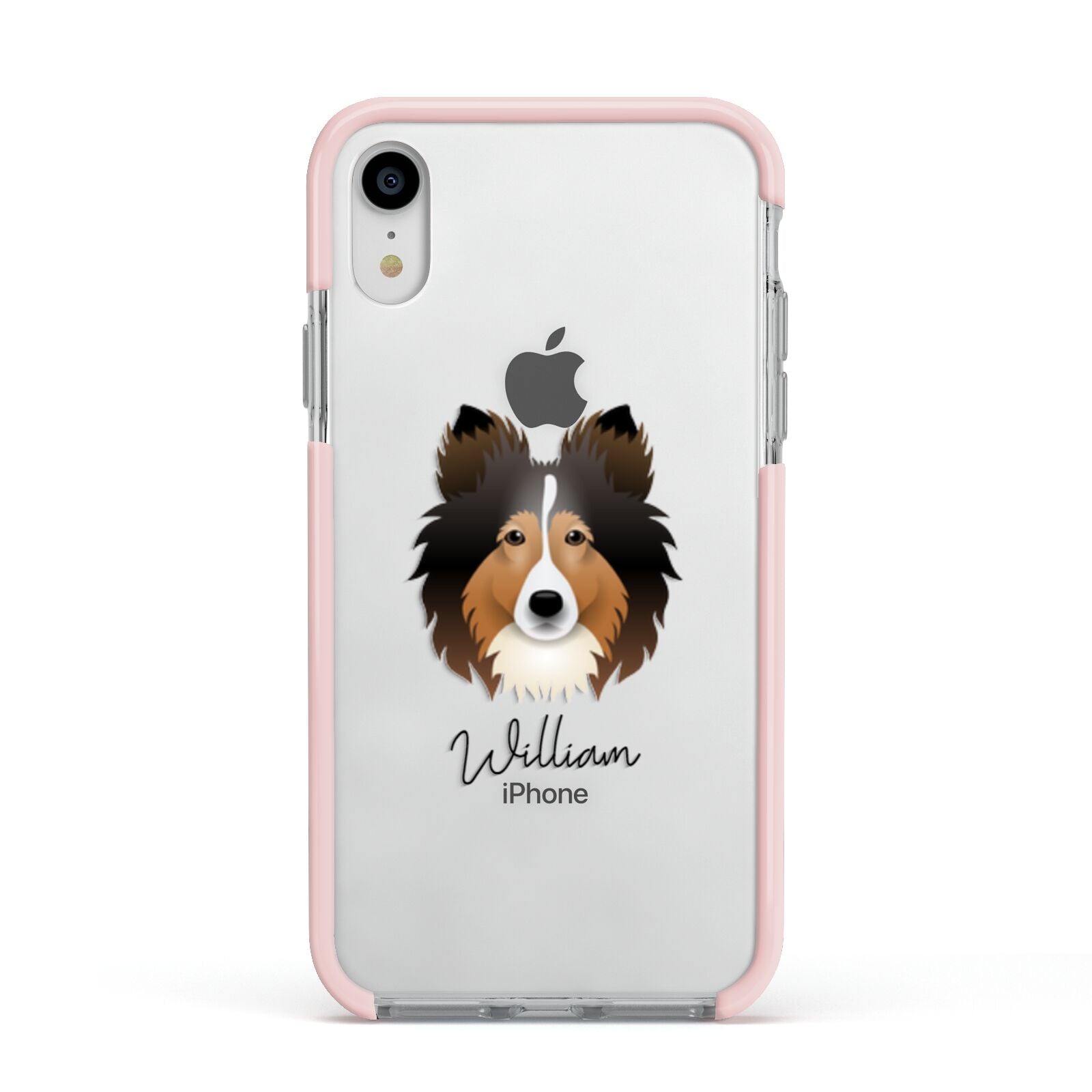 Shetland Sheepdog Personalised Apple iPhone XR Impact Case Pink Edge on Silver Phone