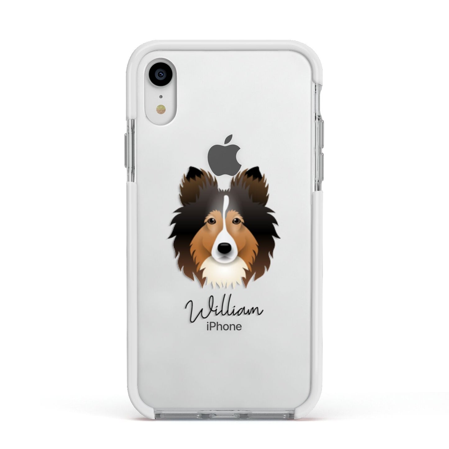 Shetland Sheepdog Personalised Apple iPhone XR Impact Case White Edge on Silver Phone