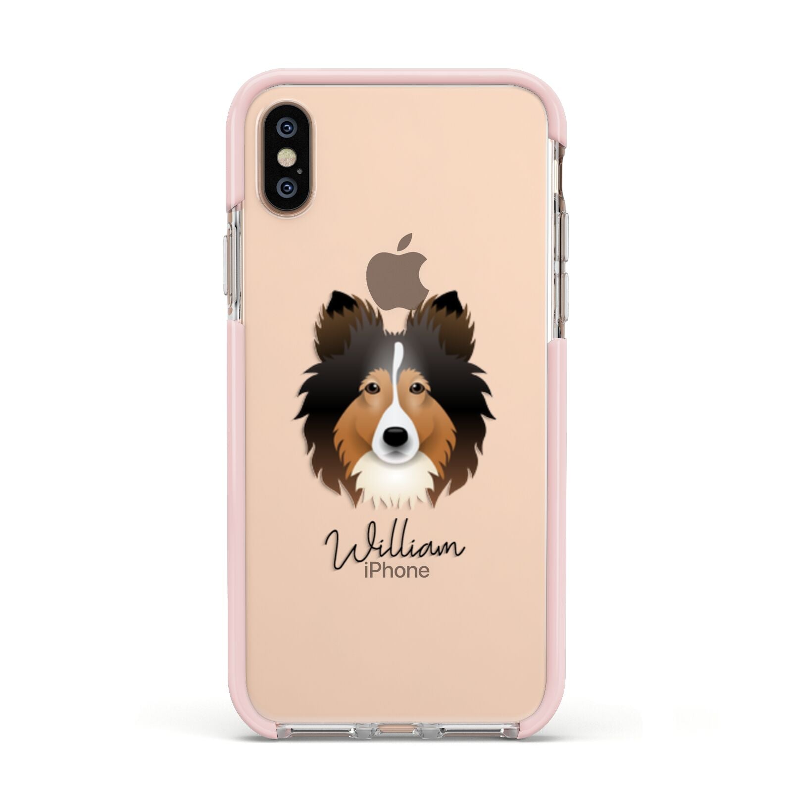 Shetland Sheepdog Personalised Apple iPhone Xs Impact Case Pink Edge on Gold Phone