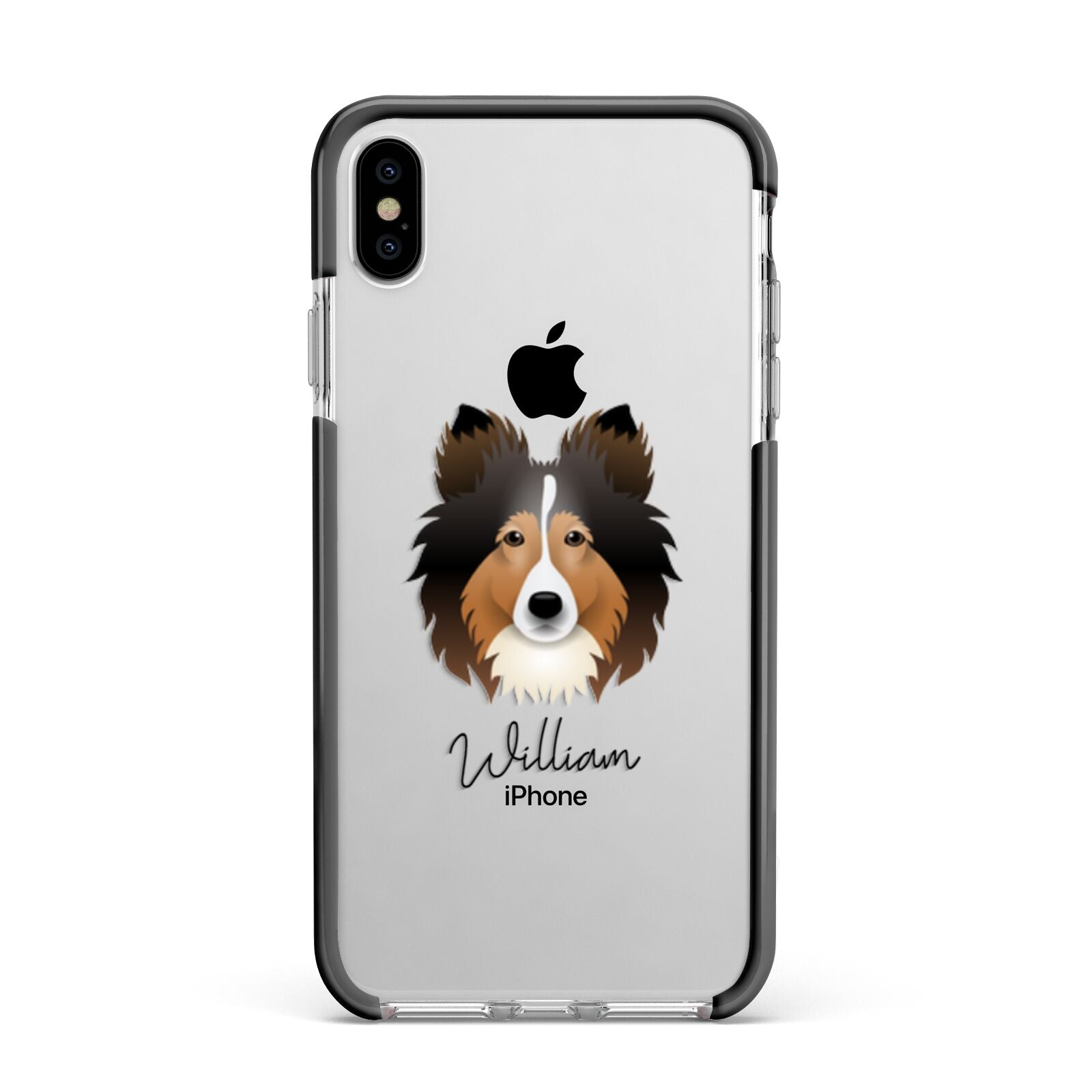 Shetland Sheepdog Personalised Apple iPhone Xs Max Impact Case Black Edge on Silver Phone
