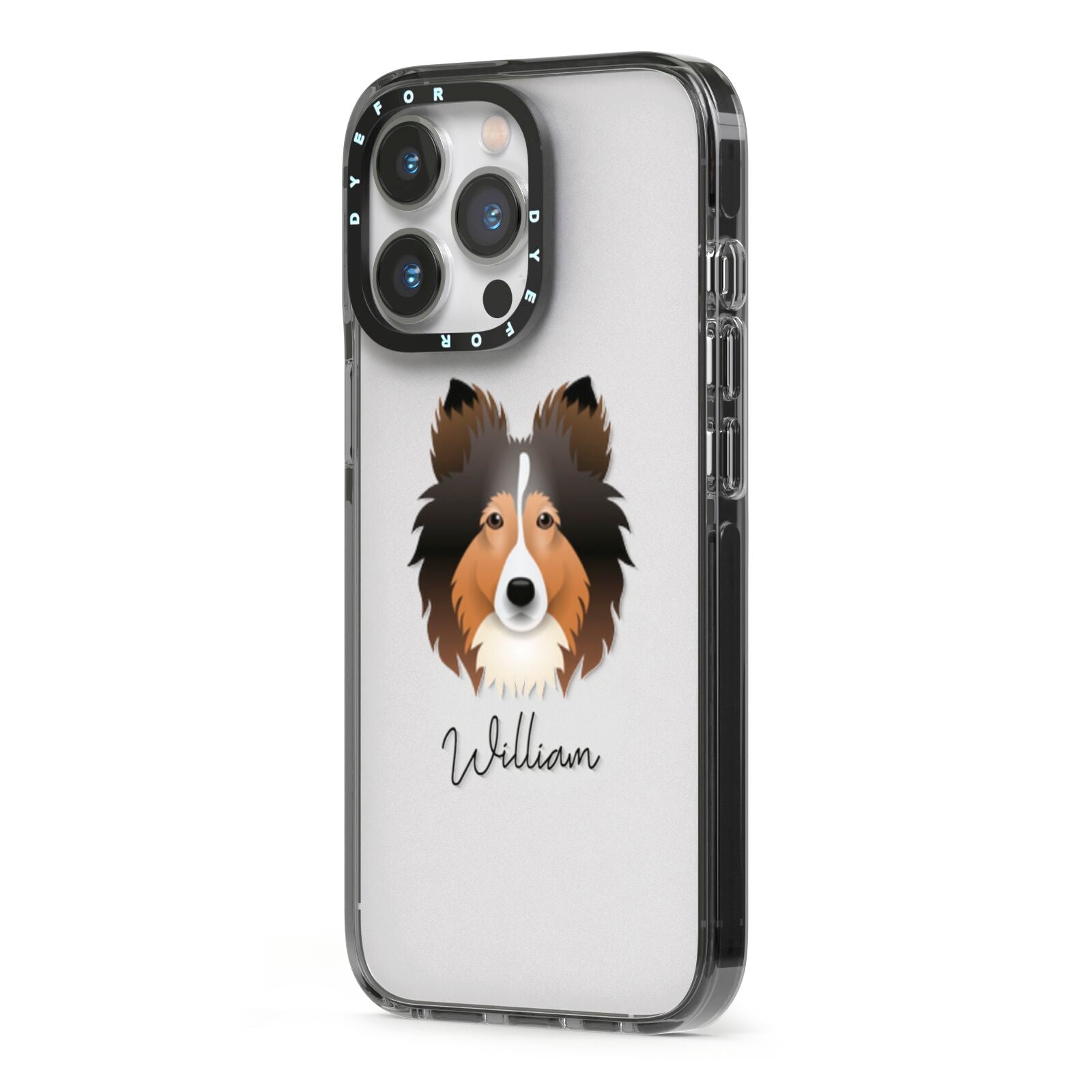 Shetland Sheepdog Personalised iPhone 13 Pro Black Impact Case Side Angle on Silver phone