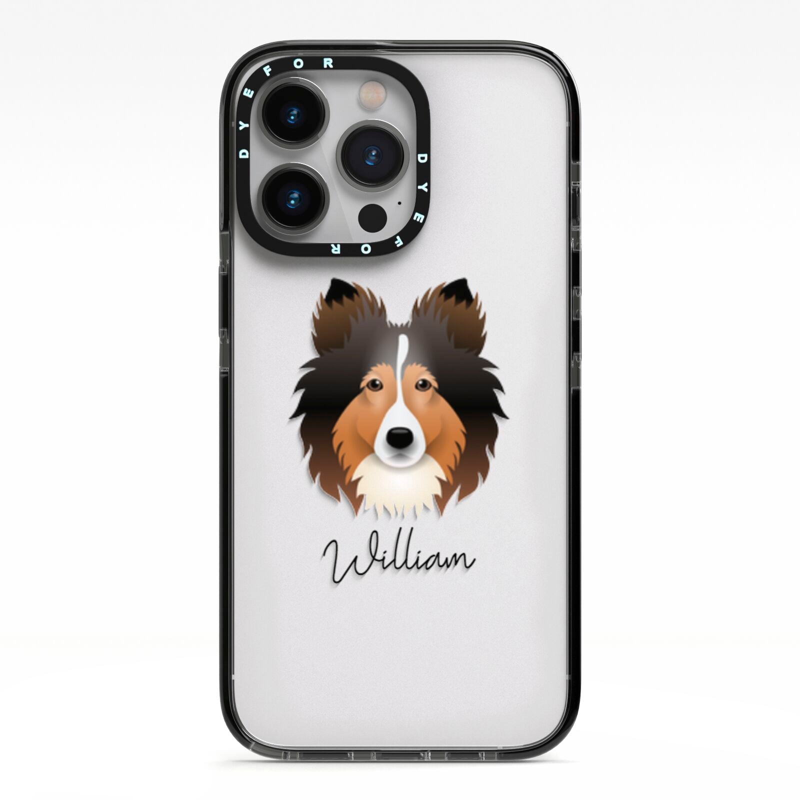 Shetland Sheepdog Personalised iPhone 13 Pro Black Impact Case on Silver phone