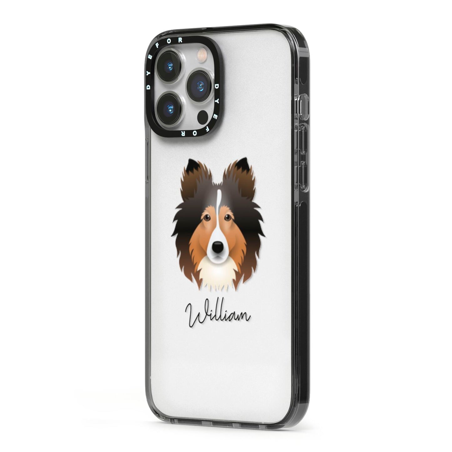 Shetland Sheepdog Personalised iPhone 13 Pro Max Black Impact Case Side Angle on Silver phone