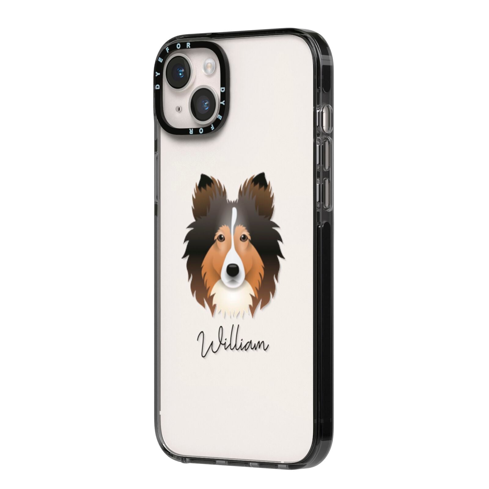Shetland Sheepdog Personalised iPhone 14 Plus Black Impact Case Side Angle on Silver phone