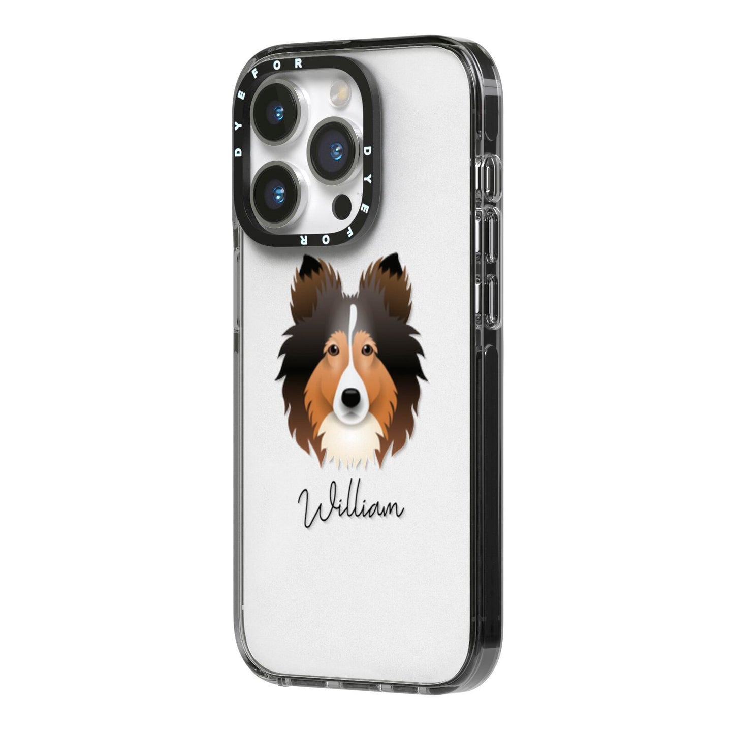 Shetland Sheepdog Personalised iPhone 14 Pro Black Impact Case Side Angle on Silver phone
