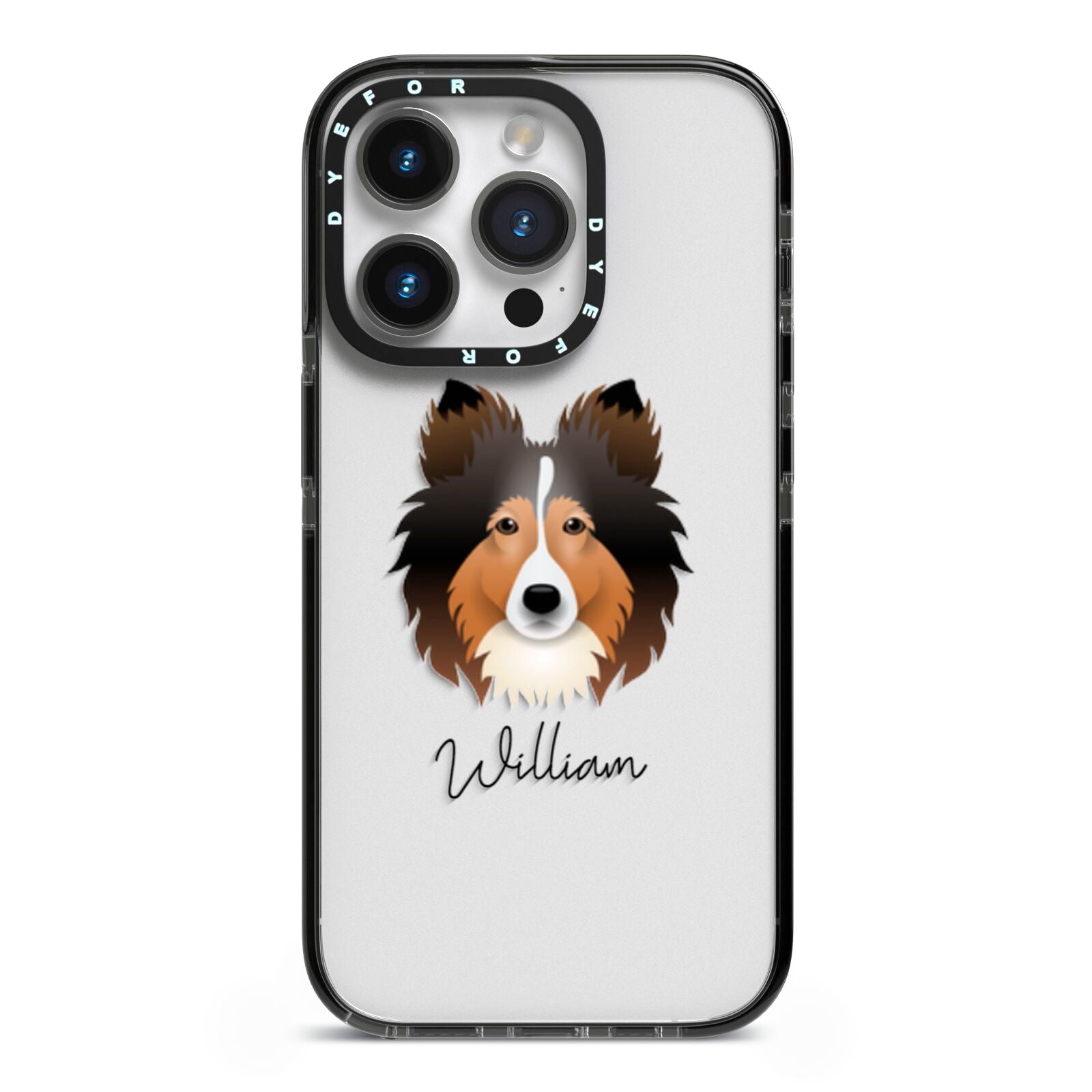 Shetland Sheepdog Personalised iPhone 14 Pro Black Impact Case on Silver phone