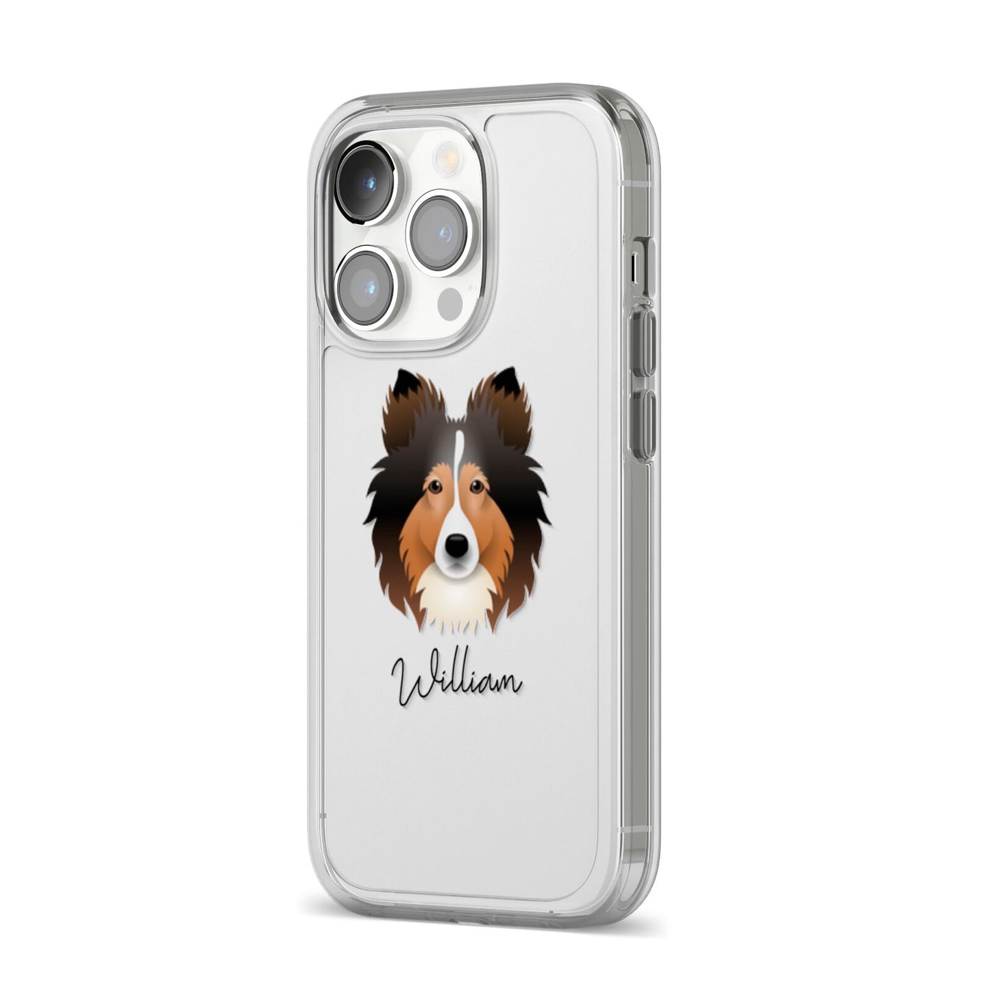 Shetland Sheepdog Personalised iPhone 14 Pro Clear Tough Case Silver Angled Image