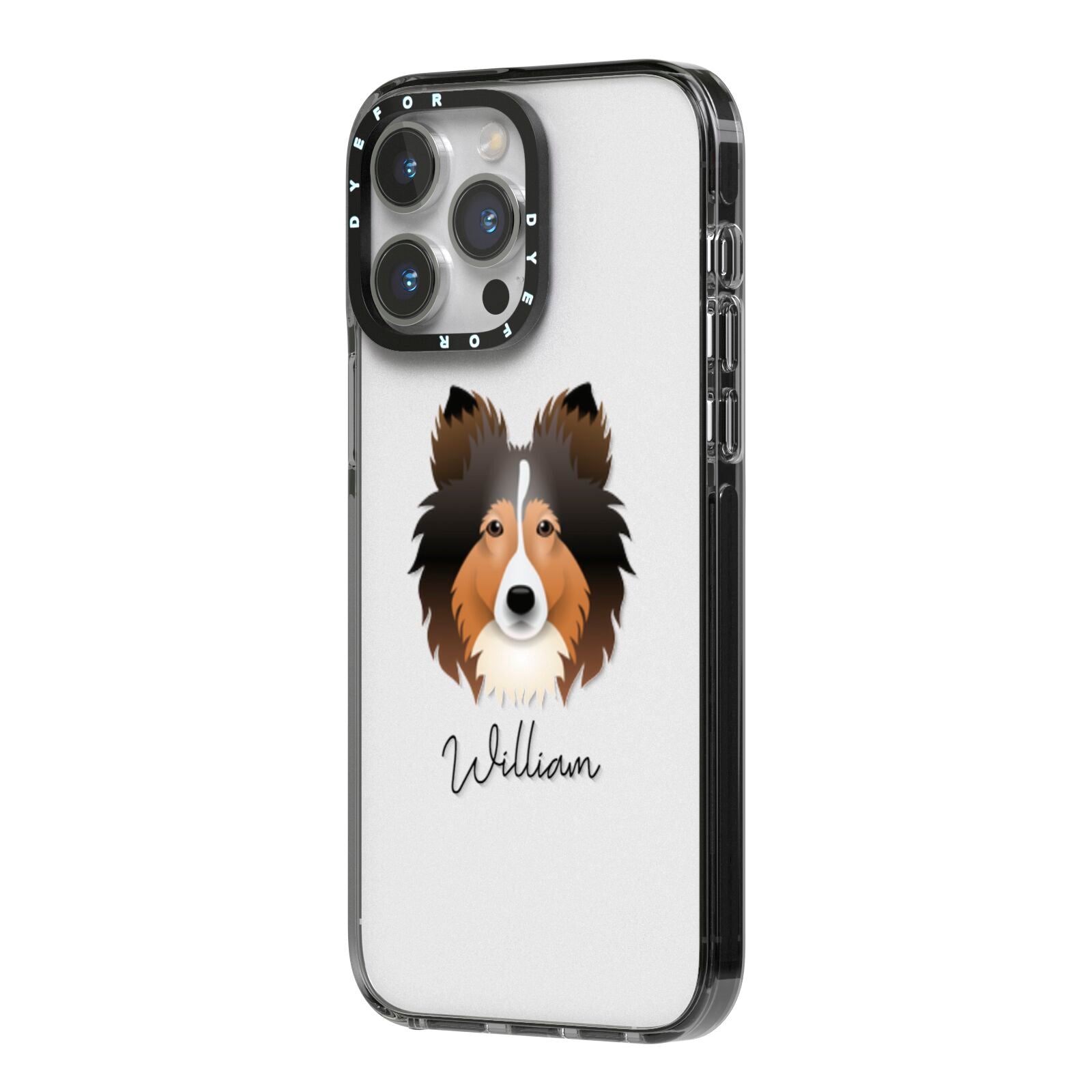 Shetland Sheepdog Personalised iPhone 14 Pro Max Black Impact Case Side Angle on Silver phone